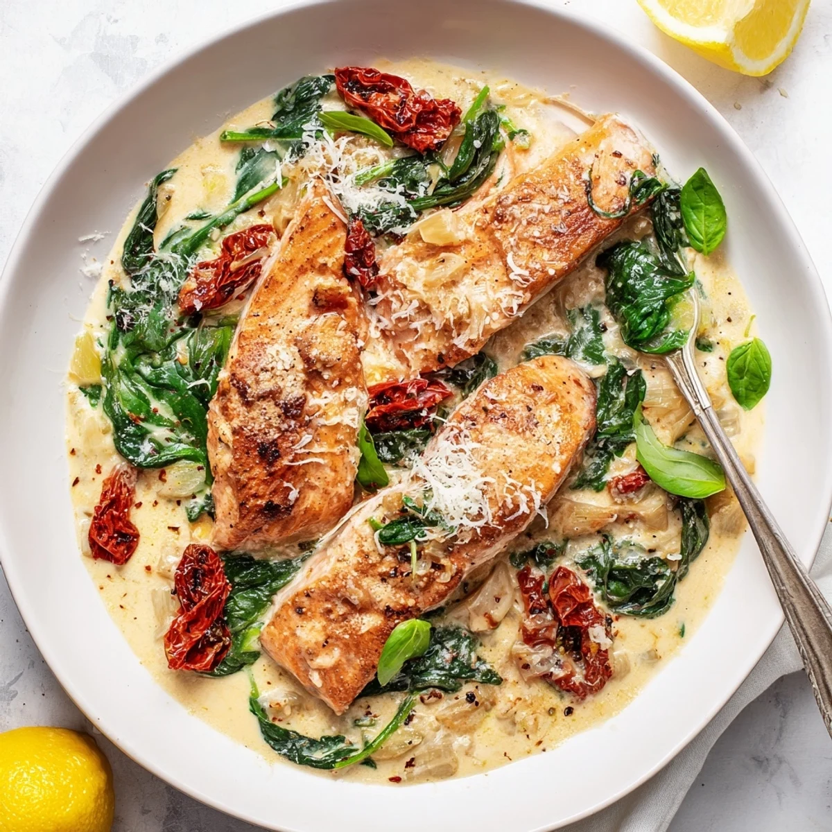 Golden brown salmon simmered in Tuscan cream sauce with parmesan and vibrant sun-dried tomato pieces