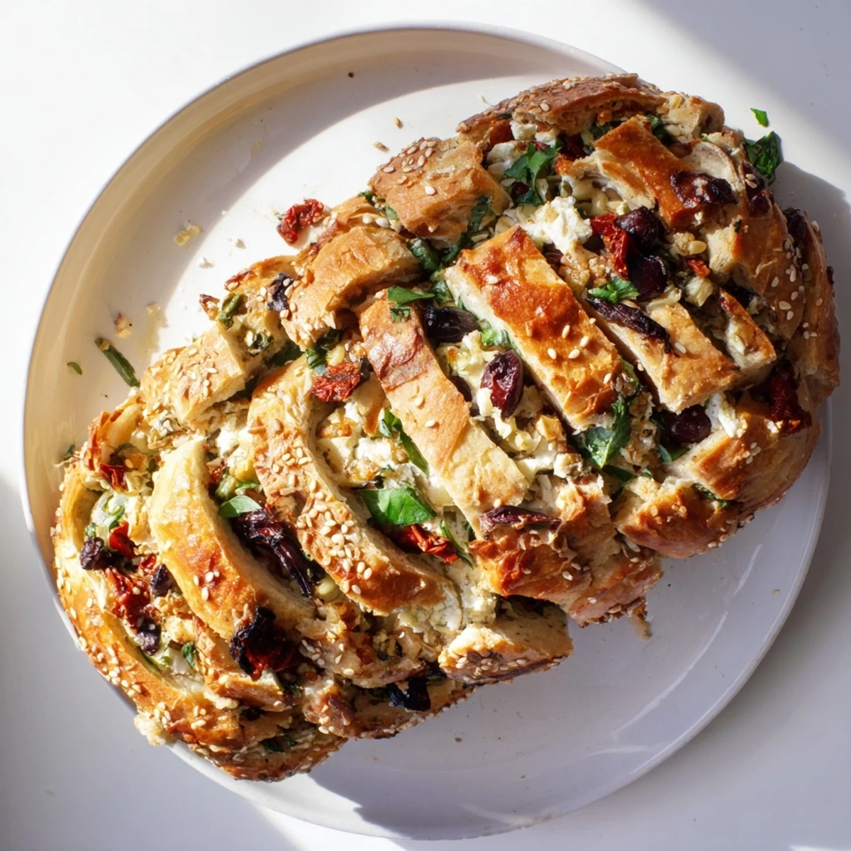 Warm Mediterranean pull-apart bread layers revealing savory olives, cheese, and aromatic basil inside