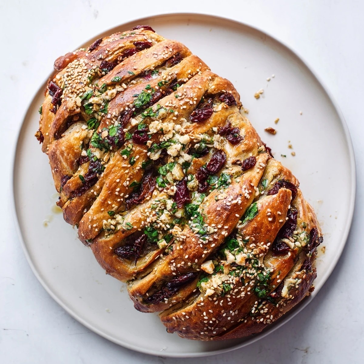 Fluffy Mediterranean pull-apart bread stuffed with tangy feta, sun-dried tomatoes, and fresh herbs