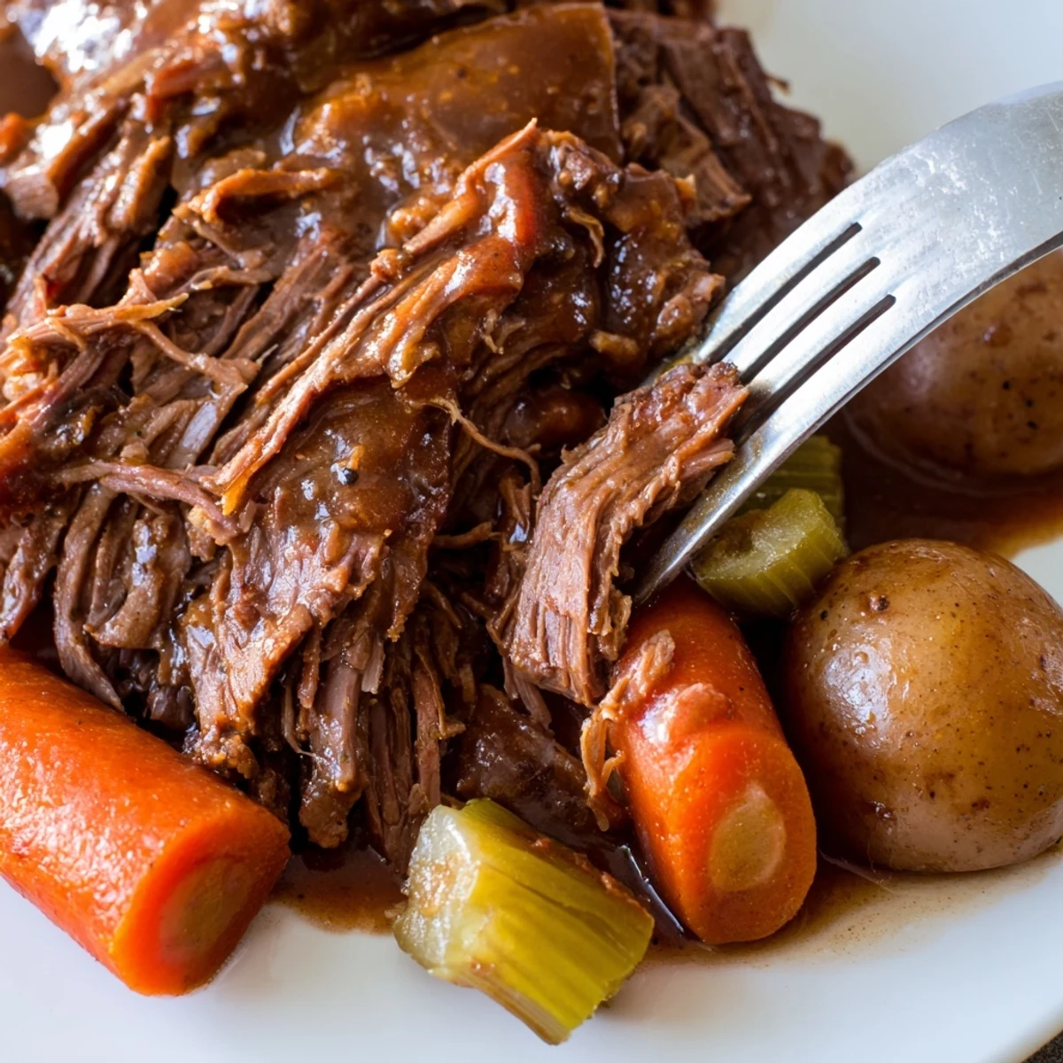 Tender slow-cooked Southern style pot roast with rich beef gravy served over fluffy mashed potatoes alongside tender green beans on a white dinner plate