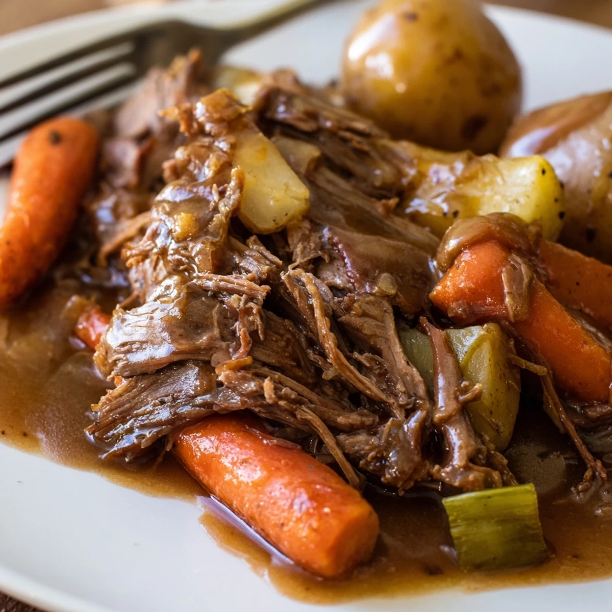 Fork-torn Southern style pot roast pieces nestled beside creamy buttered potatoes and seasoned green beans drizzled with savory homemade brown gravy