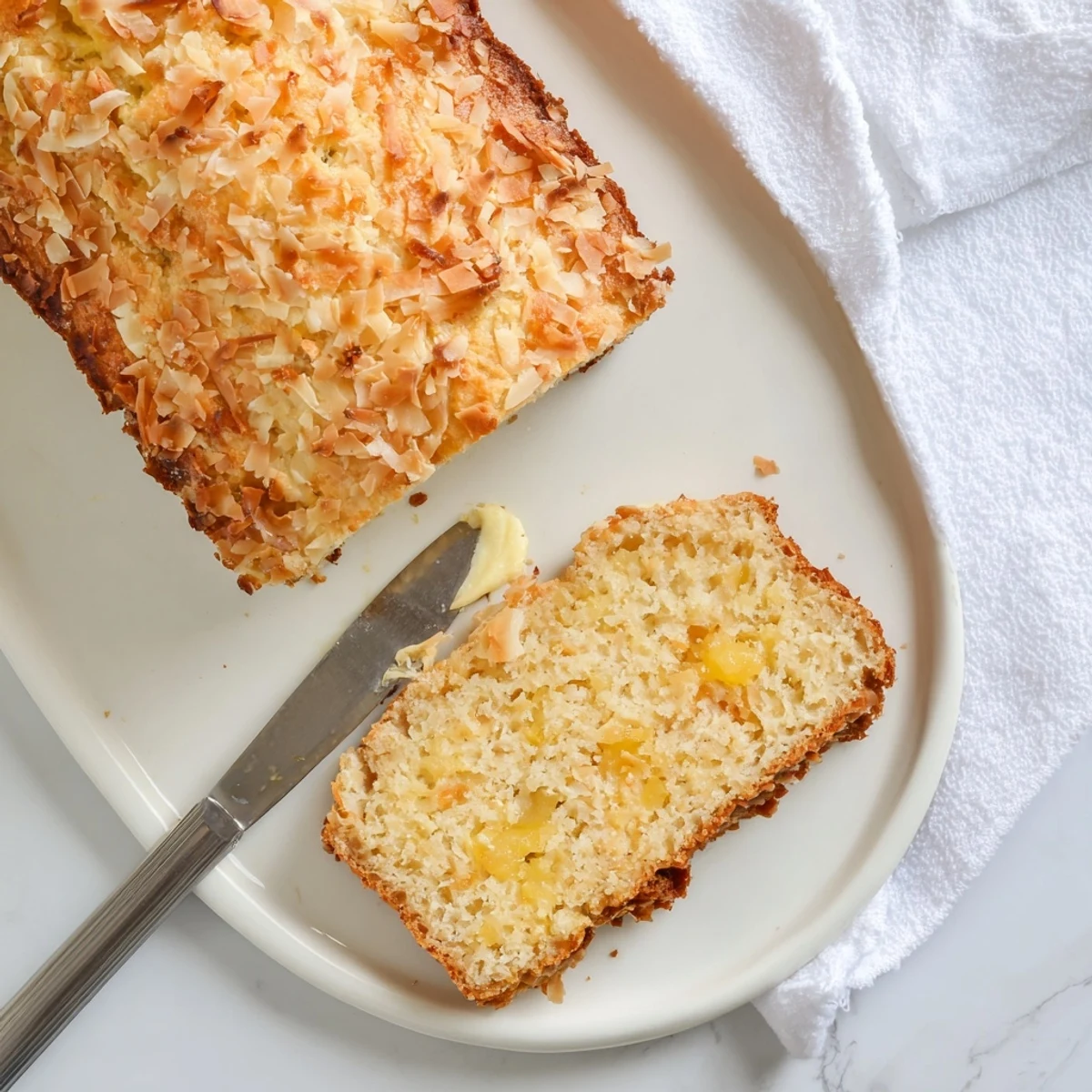 Golden brown cozy pineapple coconut bread loaf with tropical fruit visible throughout the moist slice