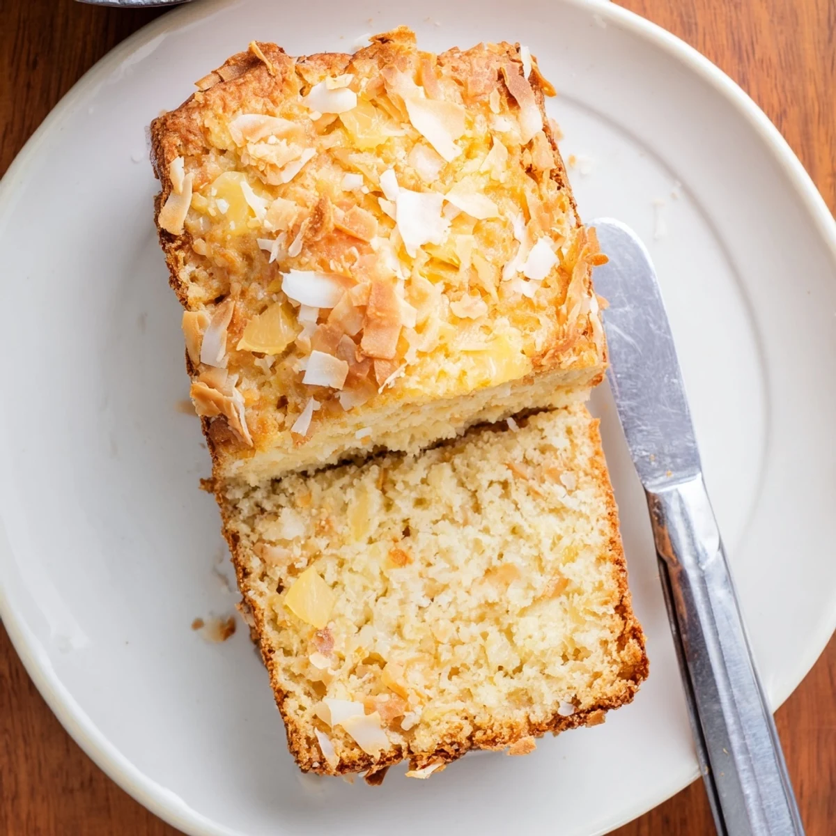Warm slice of moist pineapple coconut bread topped with shredded coconut and crushed pineapple pieces