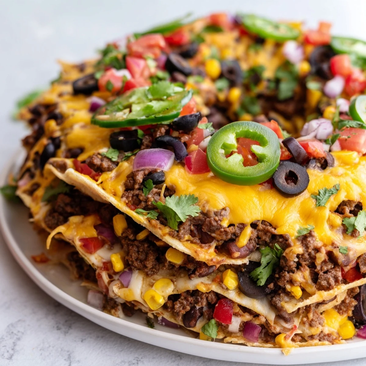 Golden melted cheddar and Monterey Jack cheese blanket layers of crispy tortilla chips in this savory bundt pan nachos appetizer