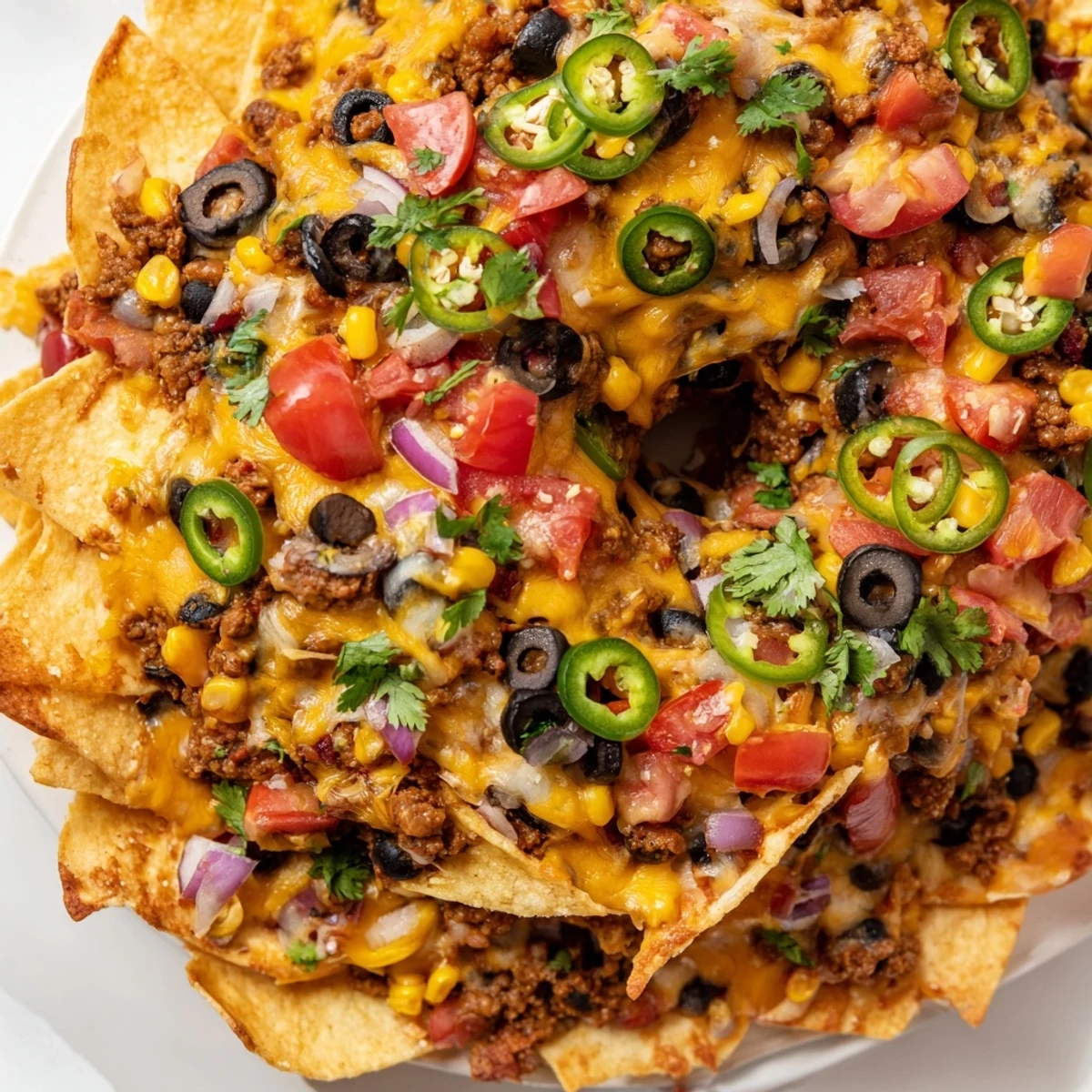 Bundt pan nachos arranged in a ring featuring seasoned beef, black beans, corn, and bubbly cheese toppings
