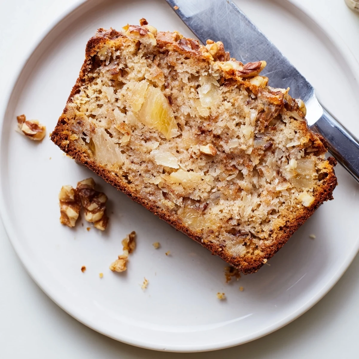 Golden coconut pineapple banana bread loaf sliced on a wooden cutting board