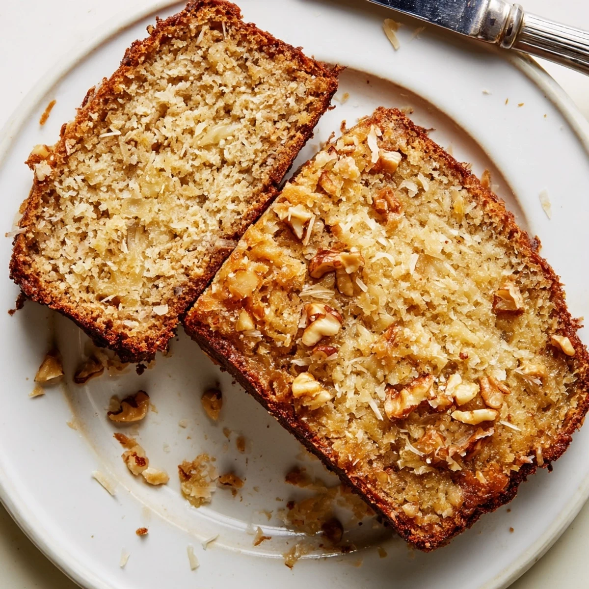 Moist tropical banana bread studded with shredded coconut and sweet crushed pineapple