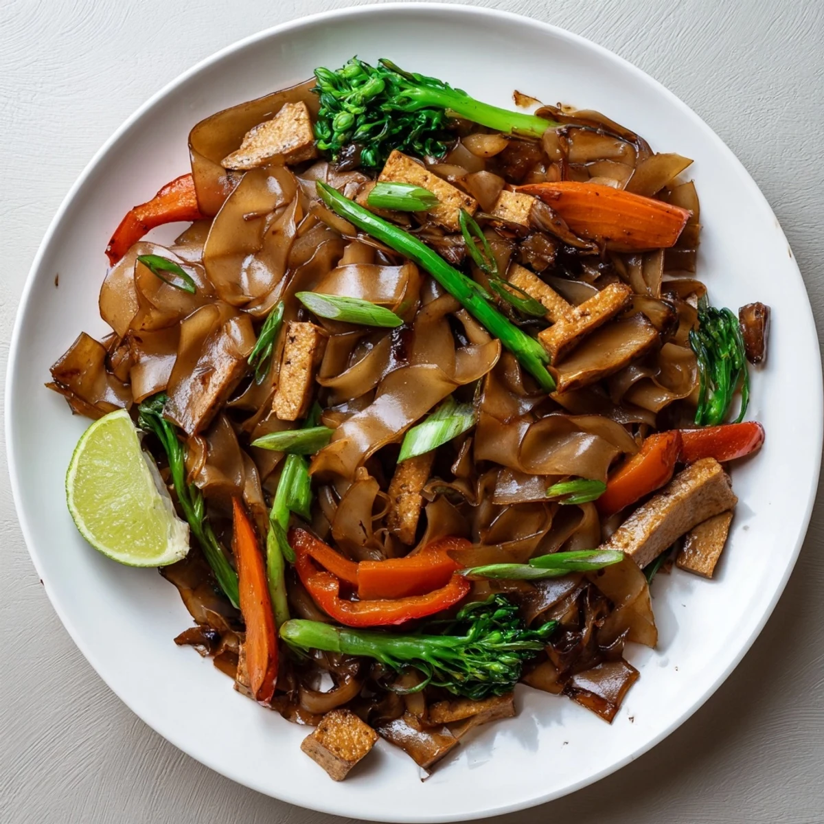 Steaming plate of homemade vegan pad see ew garnished with fresh green onions, lime wedges, and optional spicy chili slices