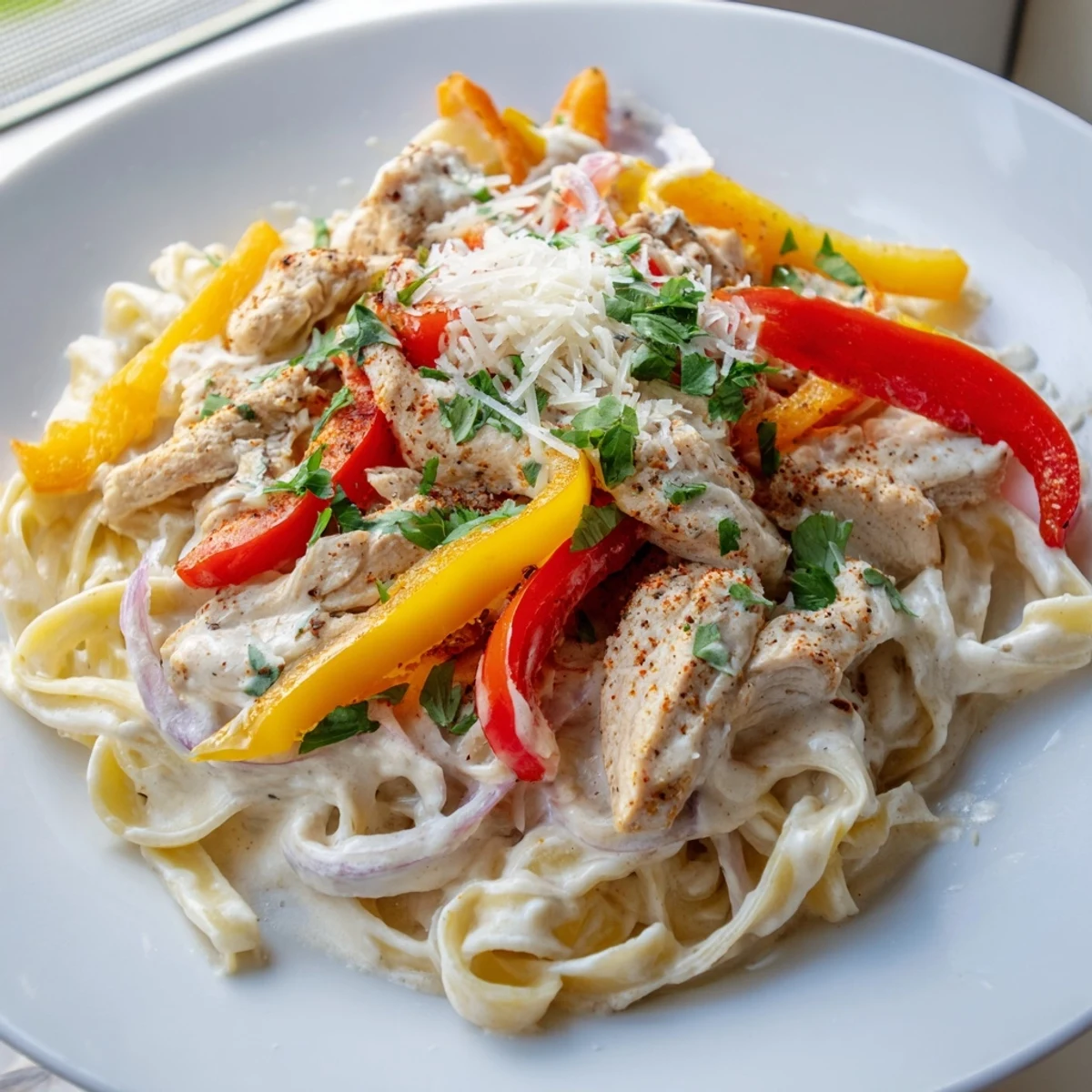 Creamy Southwest chicken Alfredo with sliced spiced breast atop fettuccine pasta tossed in Parmesan sauce and colorful bell peppers