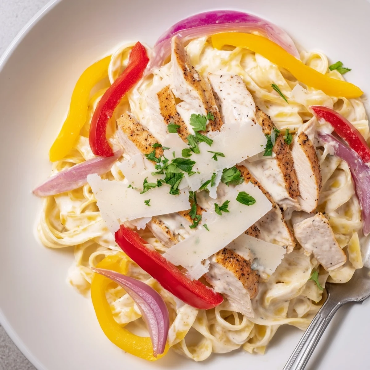 Savory Southwest chicken Alfredo featuring seasoned sliced chicken over rich Alfredo pasta with sautéed red and yellow peppers