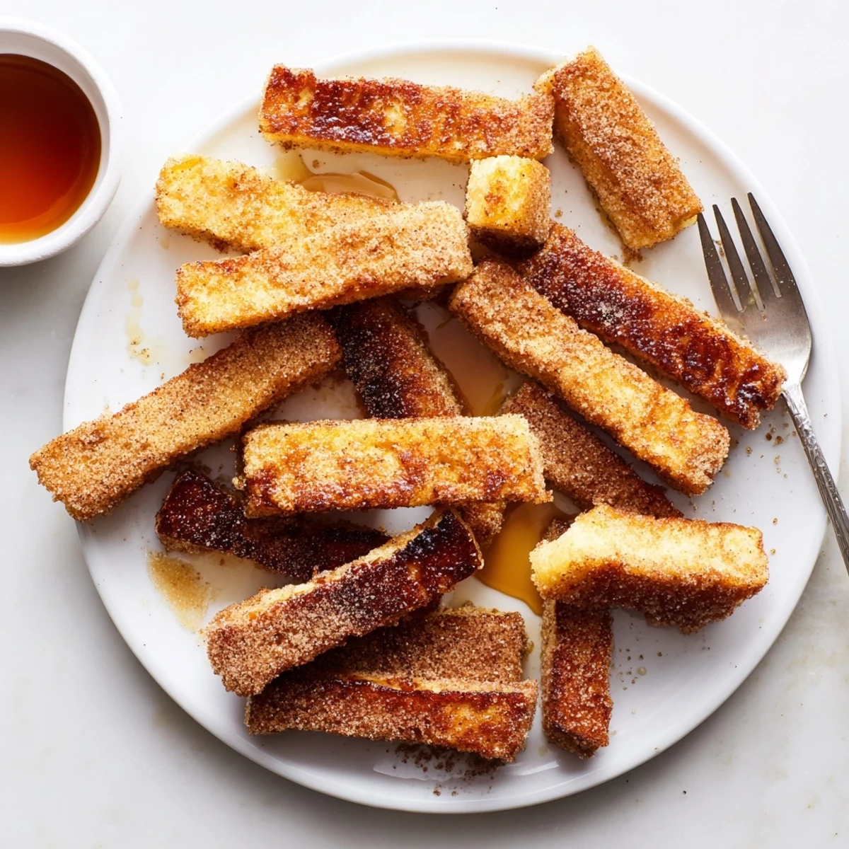 Golden cinnamon French toast sticks arranged on a plate with maple syrup dipping bowl