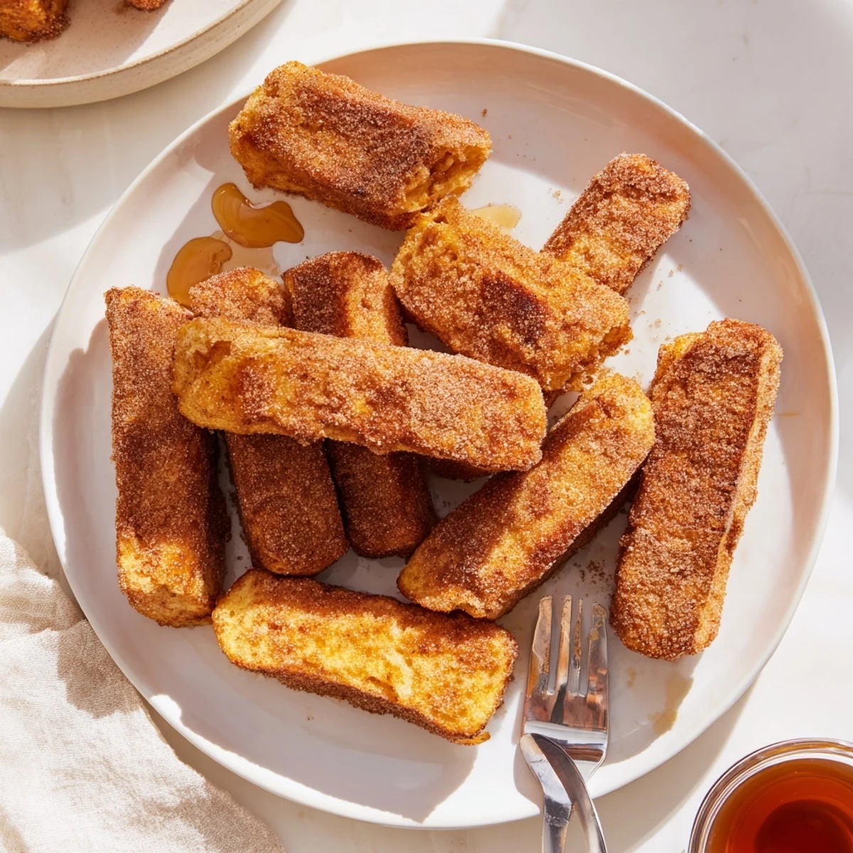 Fluffy cinnamon French toast sticks with golden brown edges ready for dipping in syrup