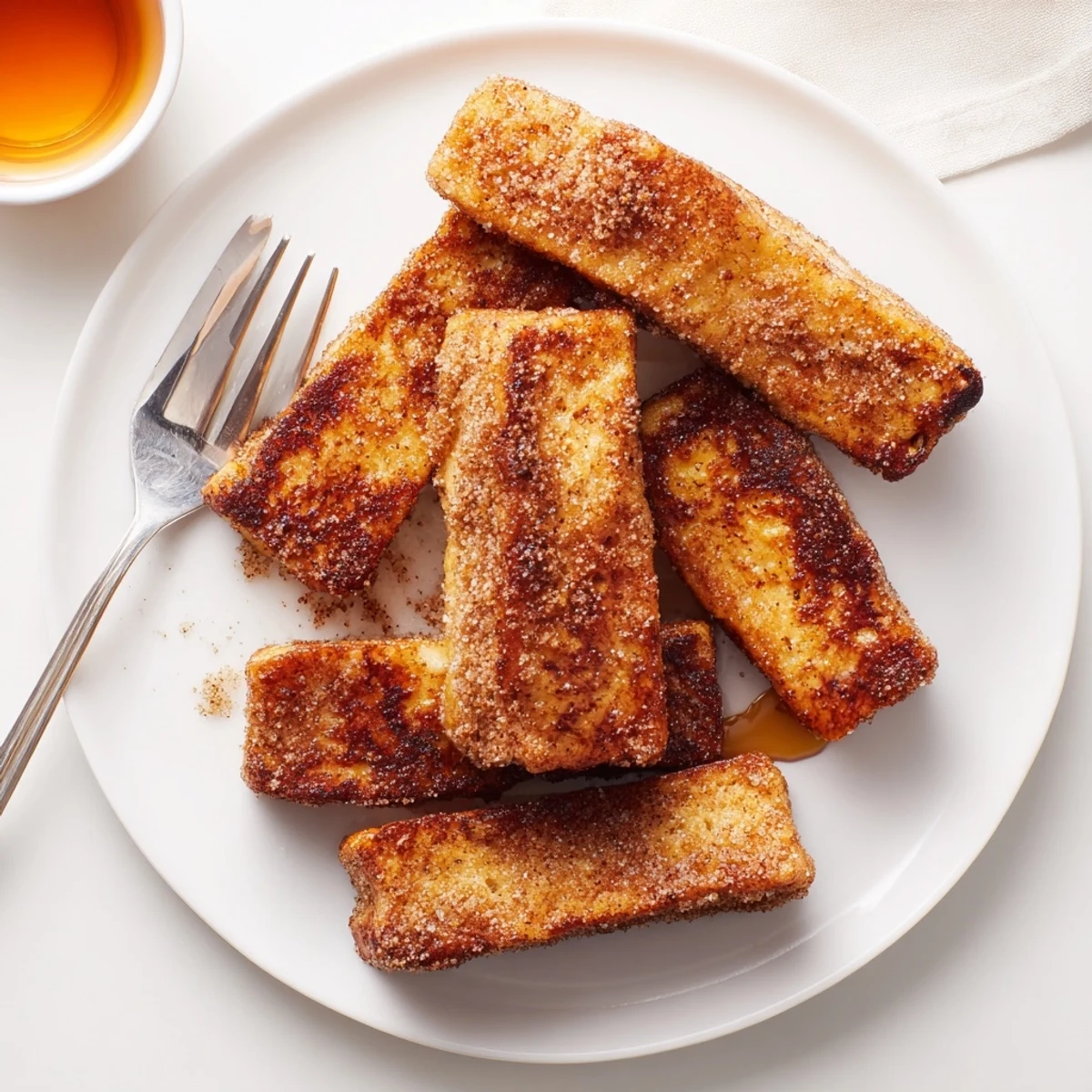 Crispy cinnamon French toast sticks coated in sparkling sugar and served warm for breakfast