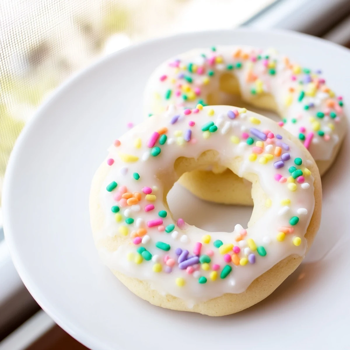 Sweet Italian Easter cookies ring shape with vanilla icing and festive sprinkles