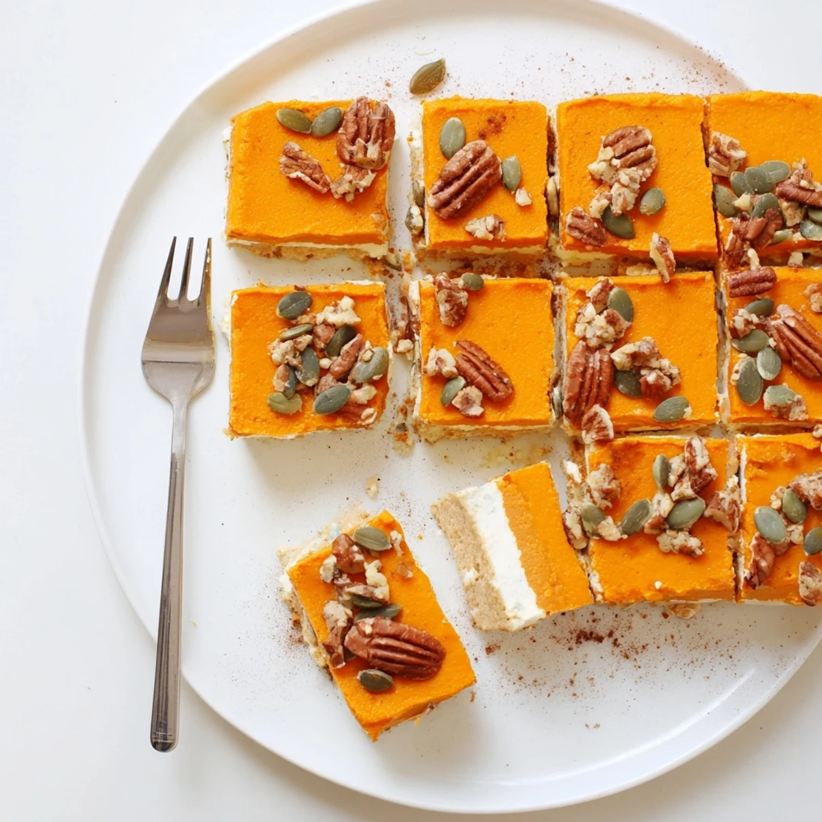 Golden high protein cottage cheese pumpkin bake with a cracked, cinnamon-spiced top and pecan crumbles