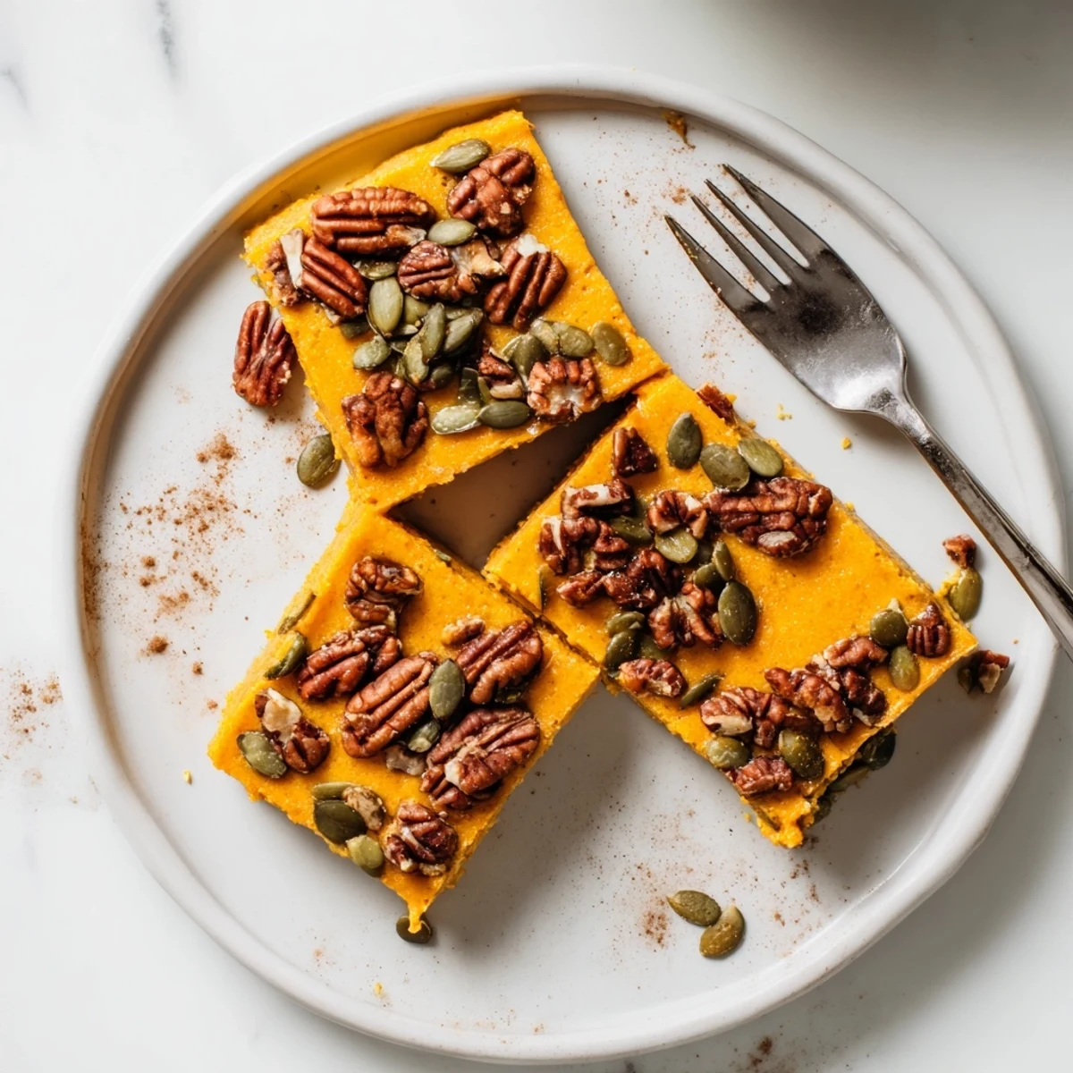 Creamy pumpkin bake featuring whipped cottage cheese and warming autumn spices, sliced into generous squares