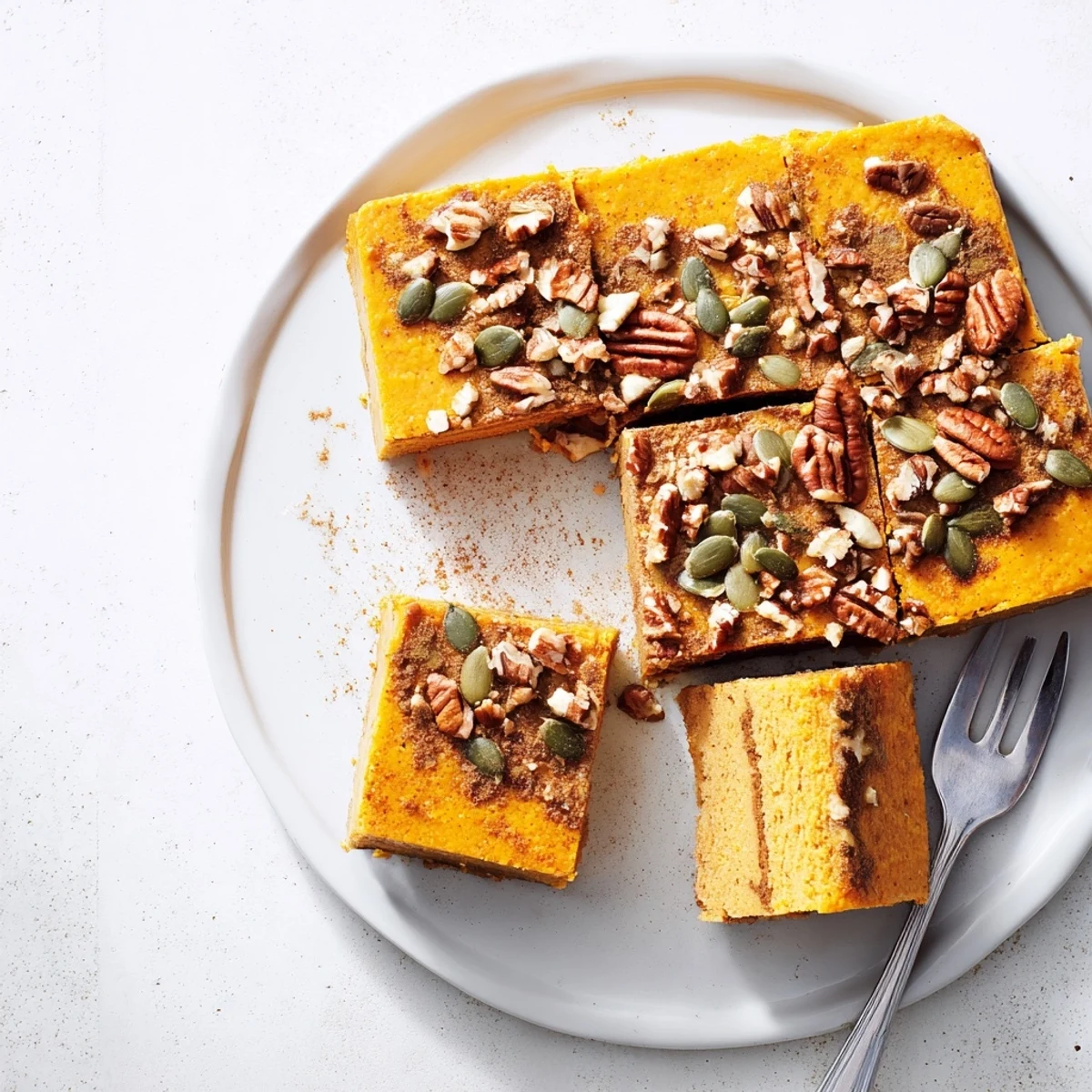 Warm spiced pumpkin and cottage cheese breakfast casserole with a fluffy, set center and nutty topping