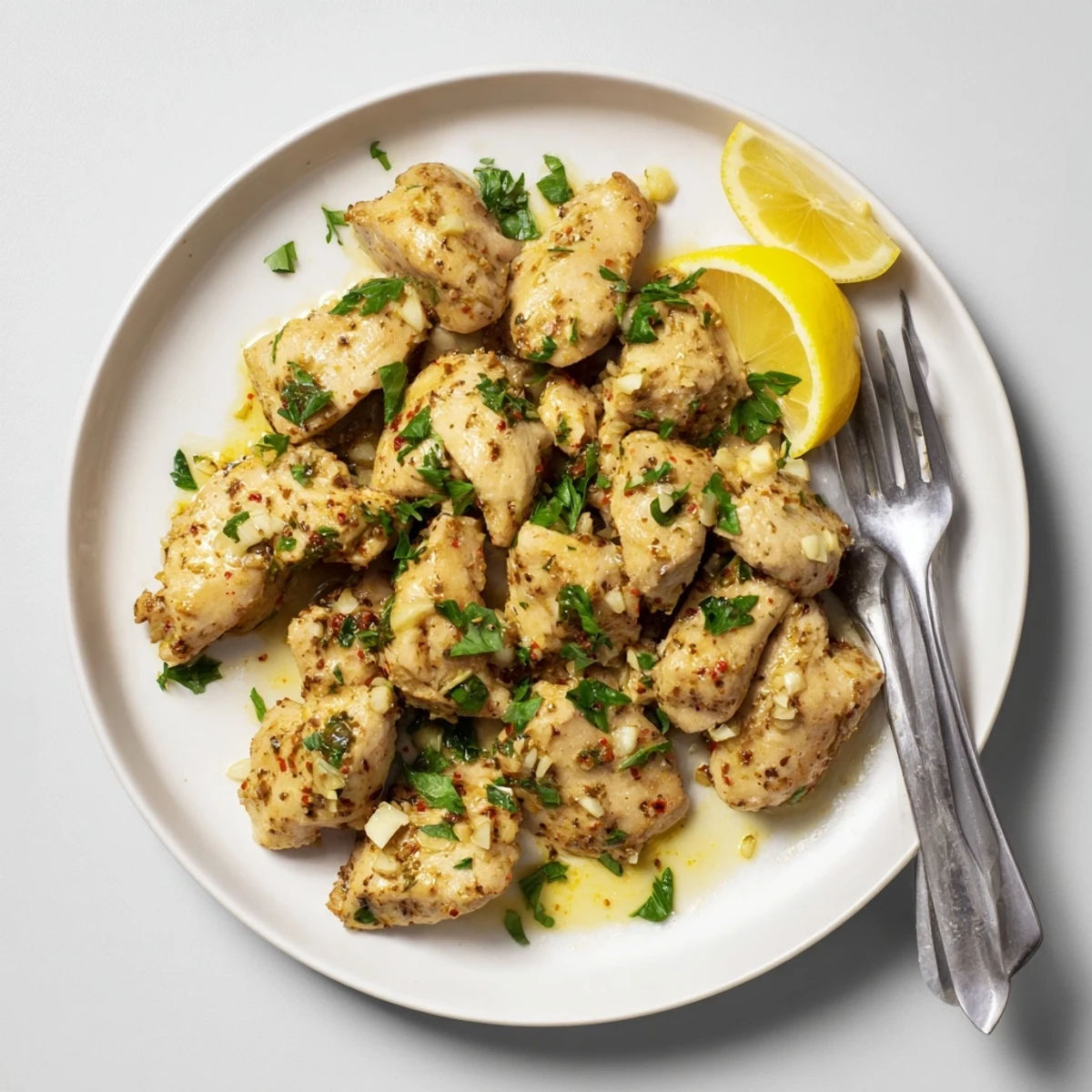 Tender slow-cooked chicken breasts swimming in rich golden garlic butter sauce with fresh parsley garnish