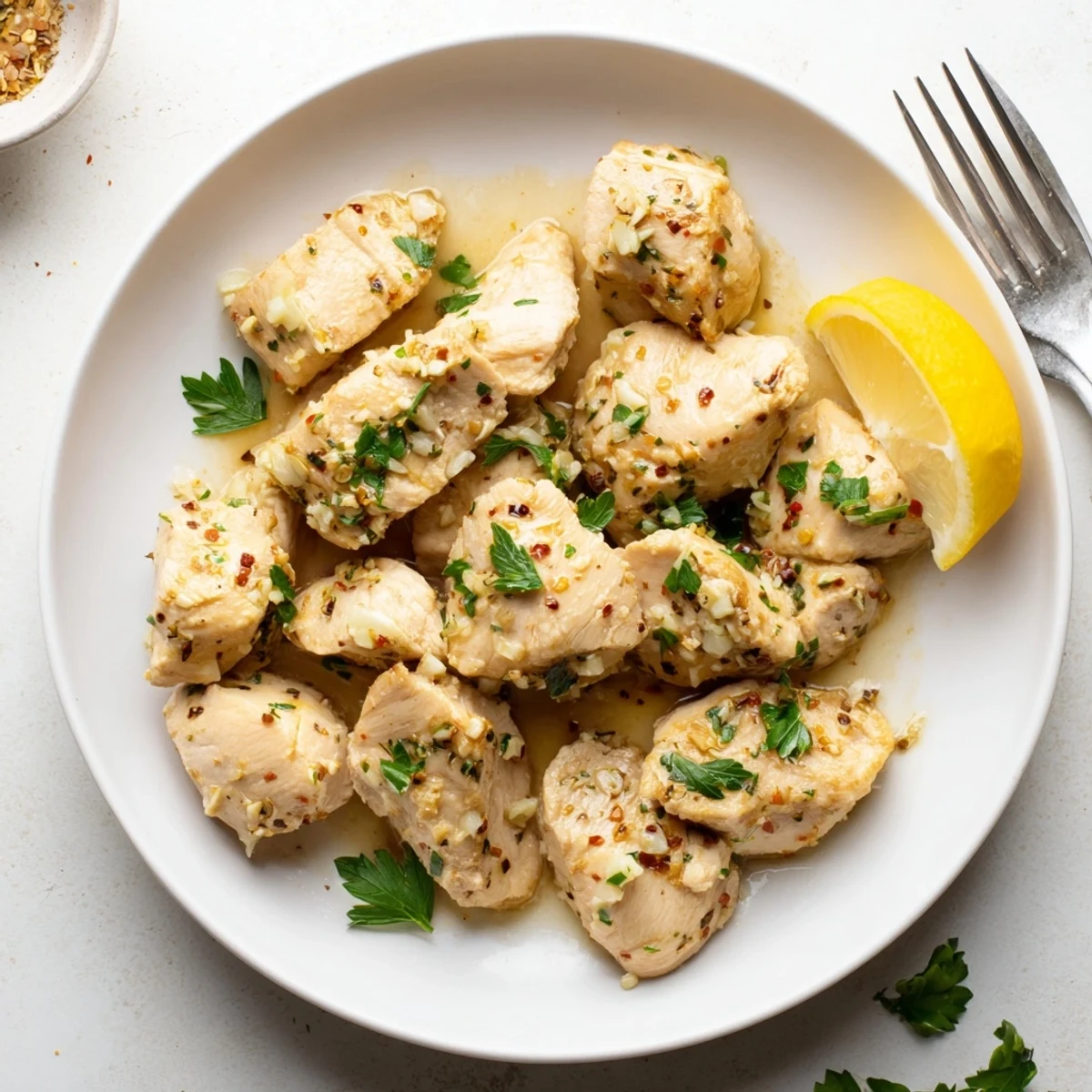 Melt-in-your-mouth garlic butter chicken crockpot dish served with lemon wedges on a white dinner plate