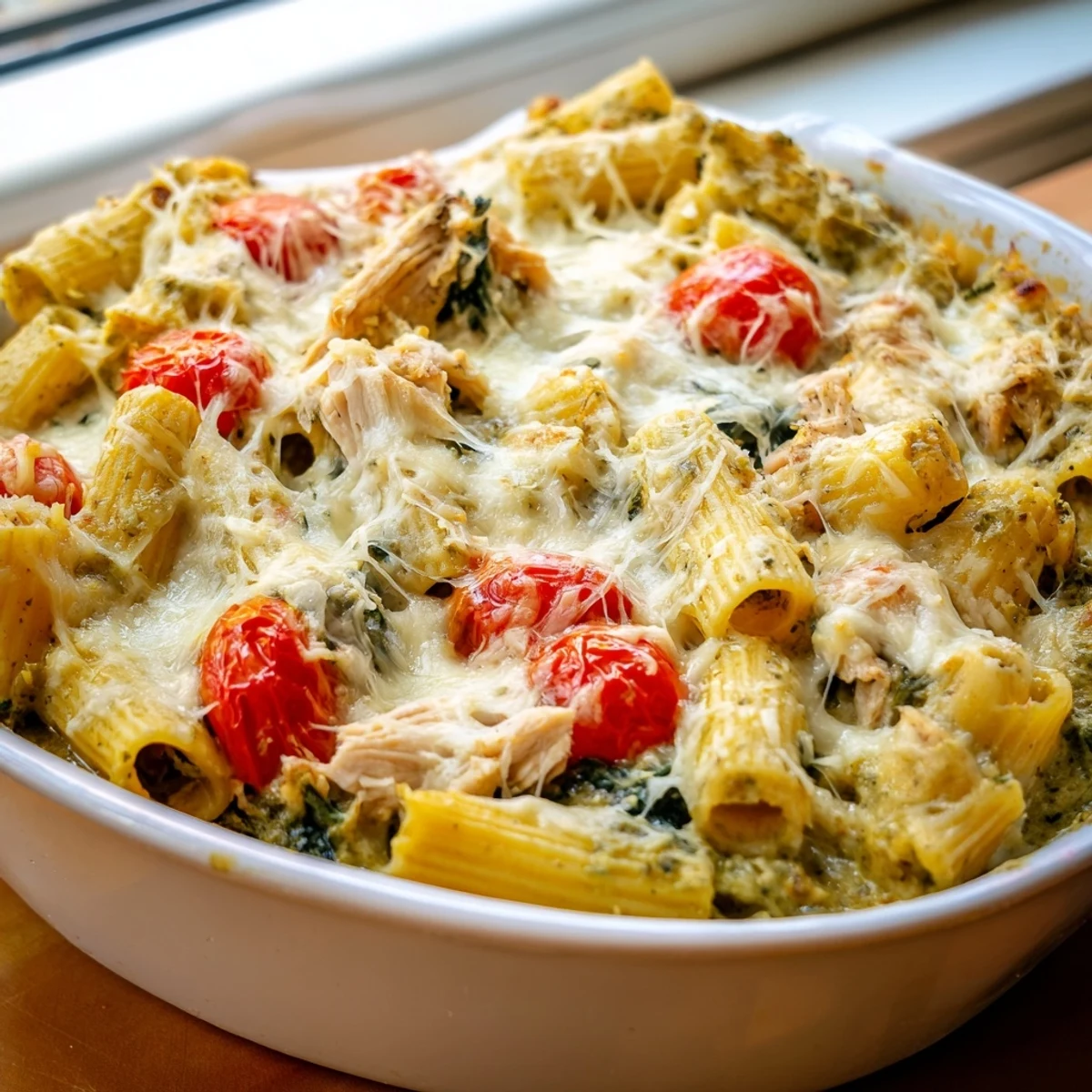 Golden melted mozzarella tops this creamy pesto chicken pasta bake fresh from the oven