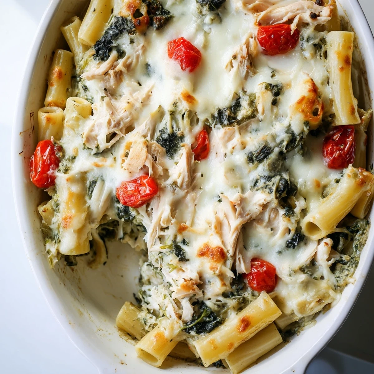 Serving of creamy pesto chicken pasta bake topped with melted mozzarella and fresh basil