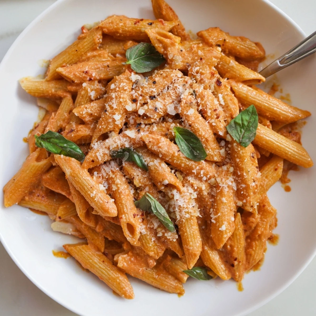 Creamy tomato garlic pasta coated in rich velvety red sauce with fresh basil garnish
