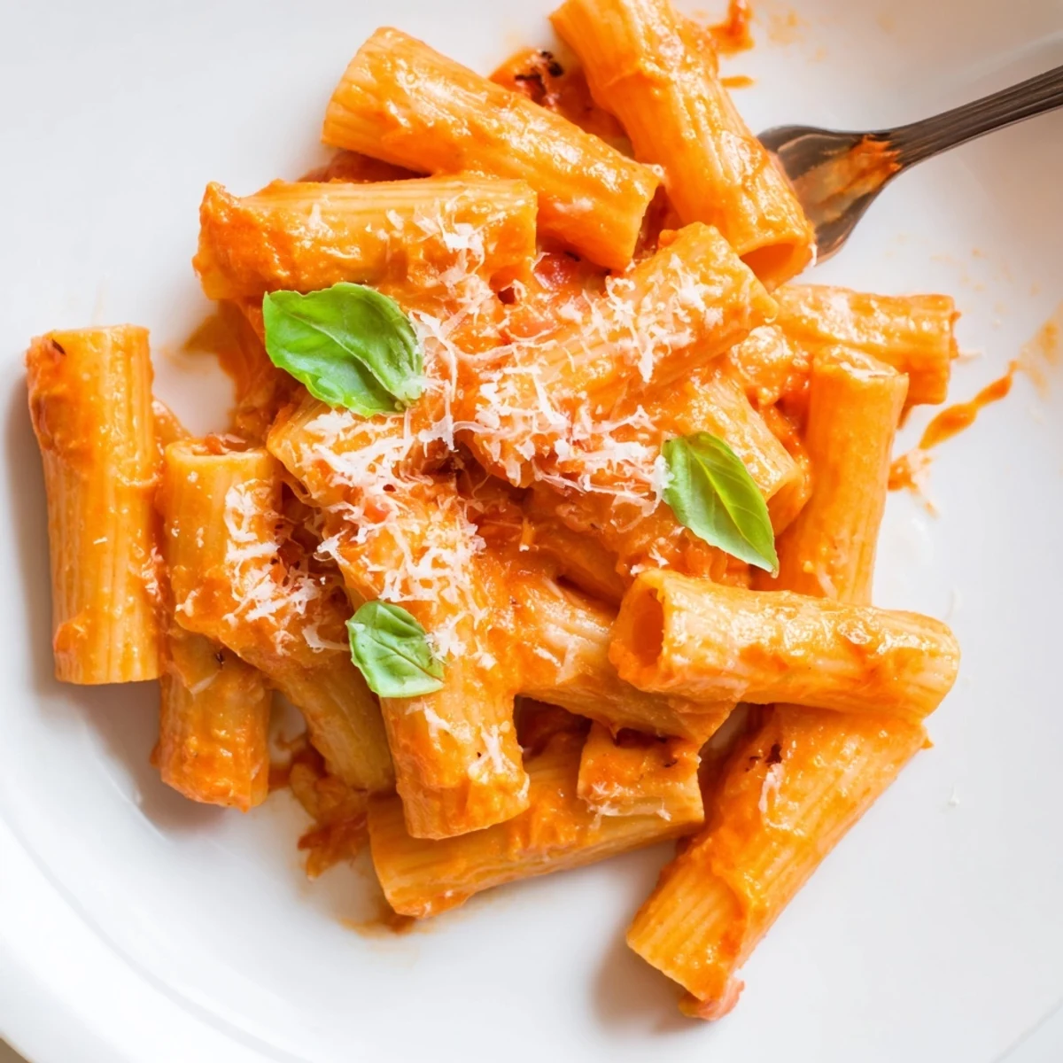Steaming plate of creamy tomato garlic pasta topped with grated Parmesan and torn basil