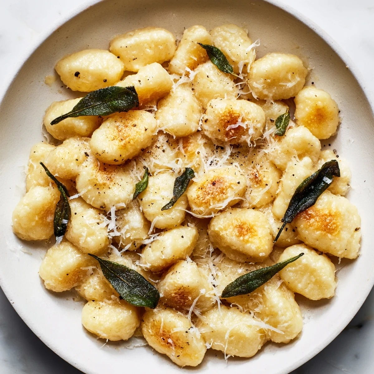 Golden brown butter sage gnocchi topped with crispy fried sage leaves and grated Parmesan cheese
