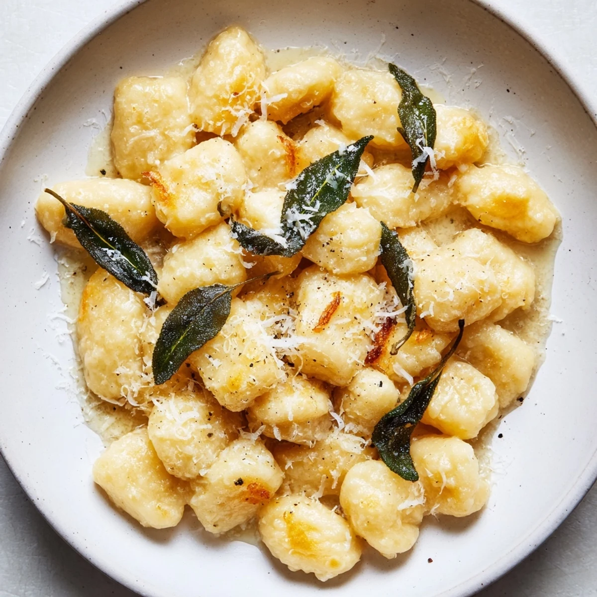 Plate of pillowy potato gnocchi coated in nutty brown butter sauce with aromatic fresh sage garnish
