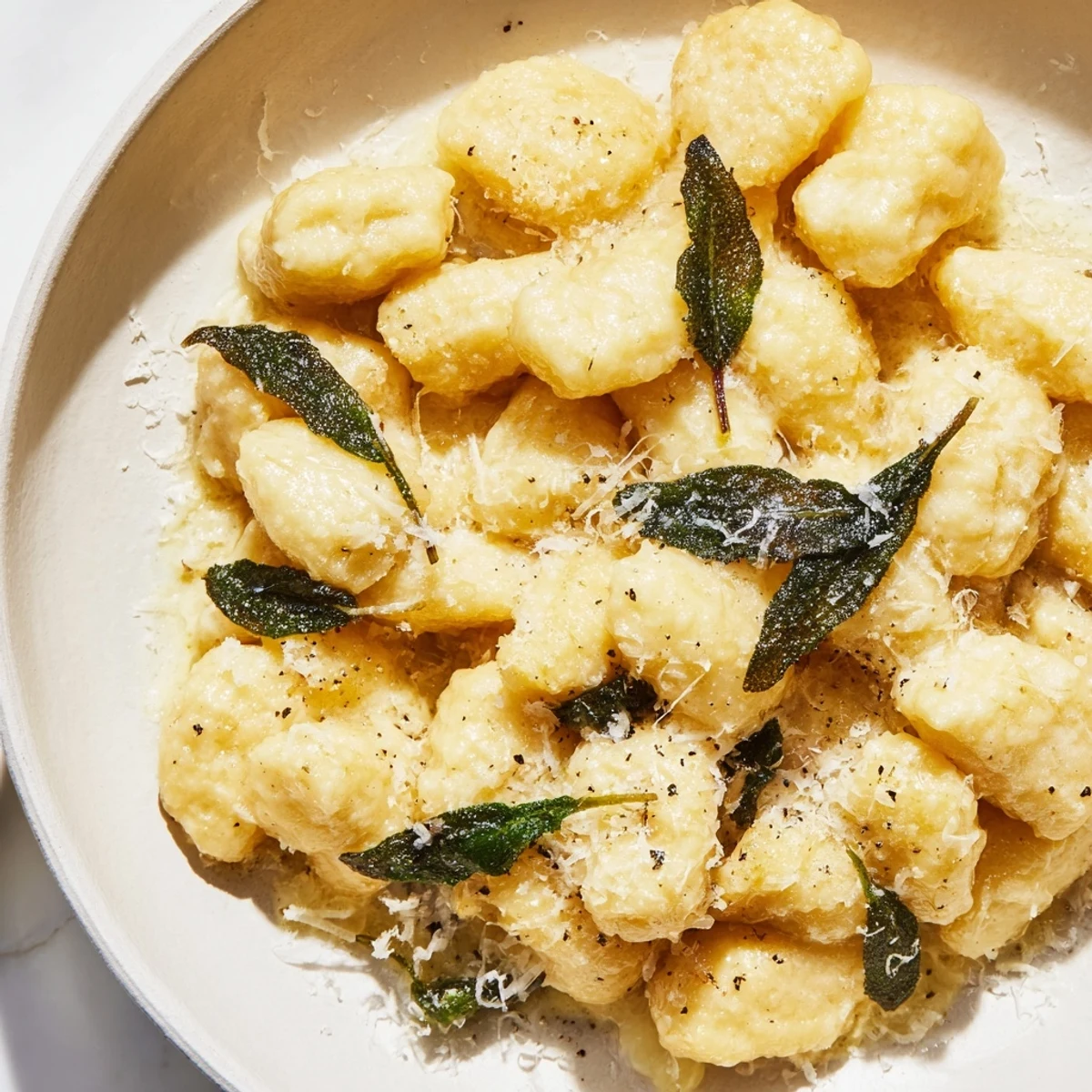 Close up of Italian brown butter sage gnocchi served with melted Parmesan and cracked black pepper
