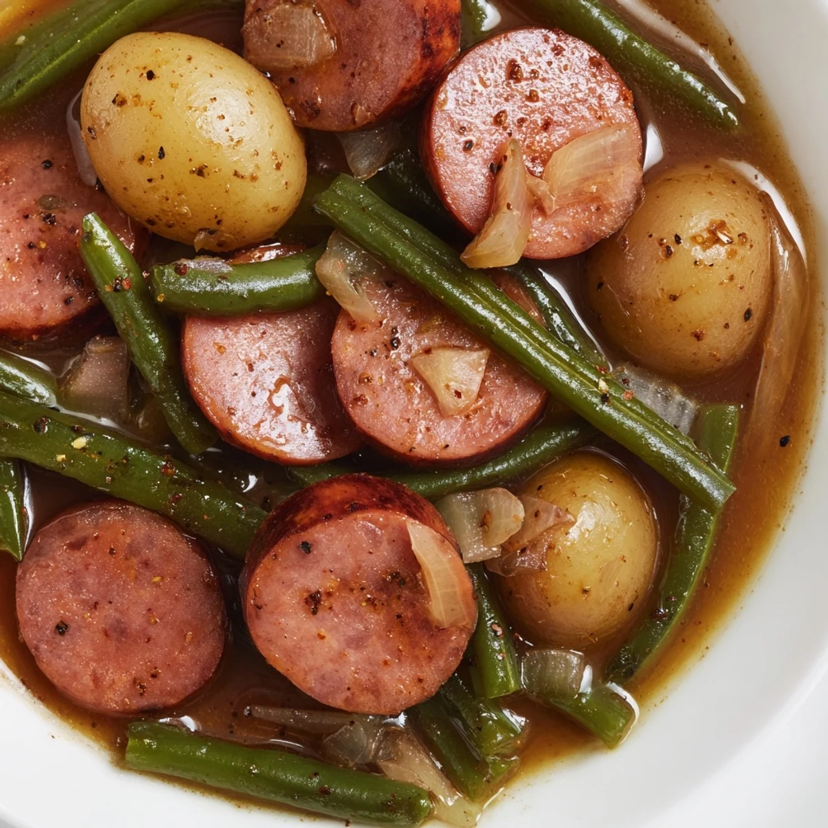 Slow cooker crockpot kielbasa and green beans bubbling with tender baby potatoes in savory broth