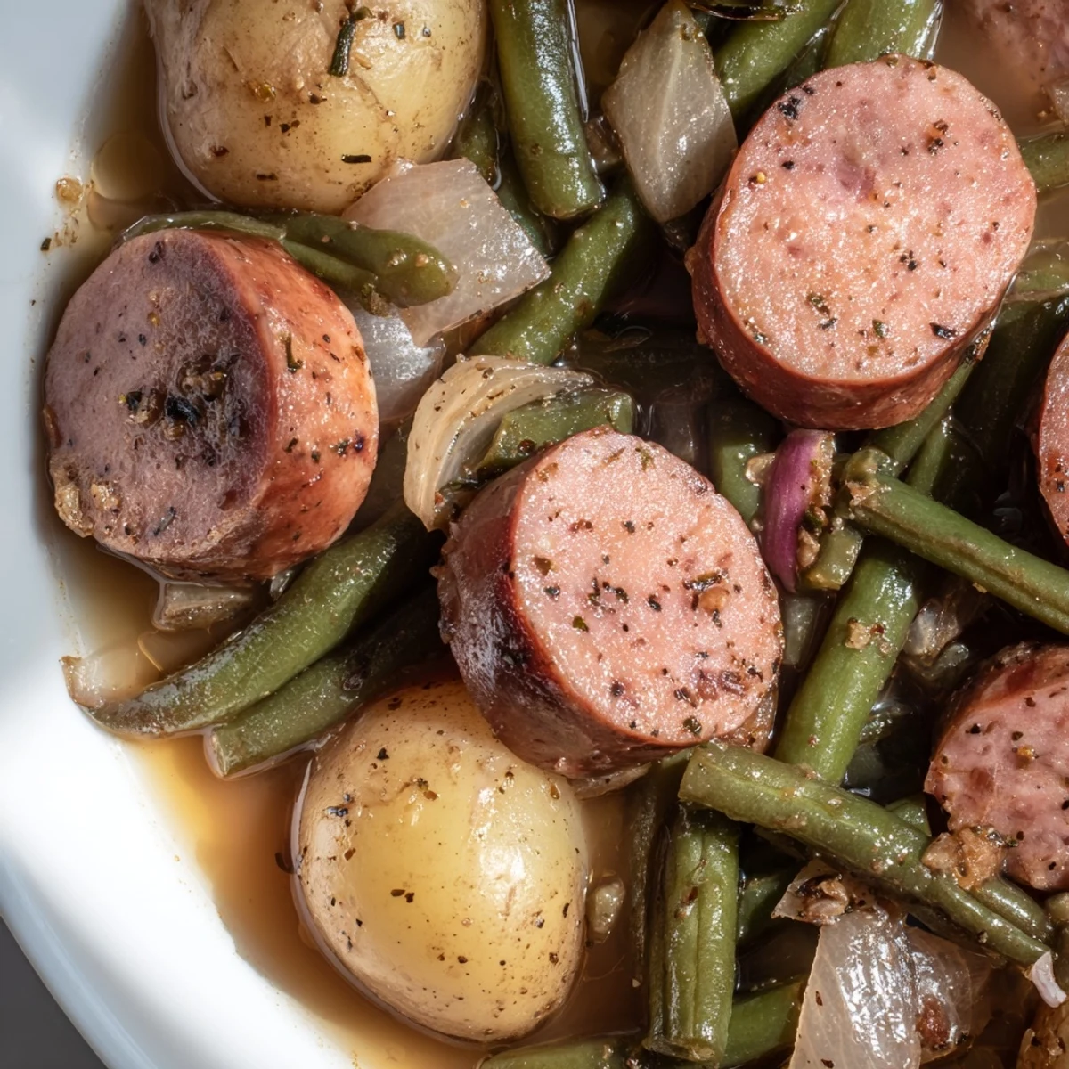 Hearty crockpot kielbasa and green beans plated with smoky sausage rounds and crisp-tender vegetables