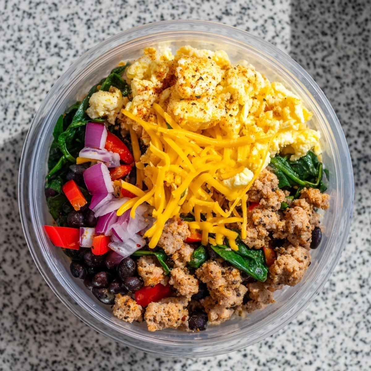 Meal prep breakfast bowls topped with scrambled eggs, veggies, and cheese ready for freezing and quick morning reheating