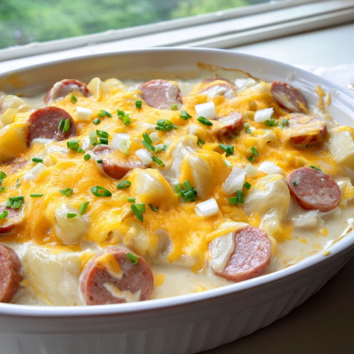 Golden Crock Pot Pierogi Casserole with melted cheddar and smoky kielbasa slices bubbling together