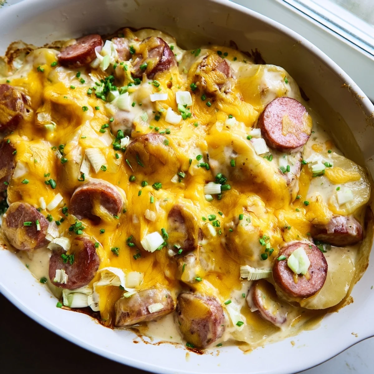 Comforting slow-cooked Pierogi Casserole featuring pillowy pasta, sausage, and cheesy topping ready to serve