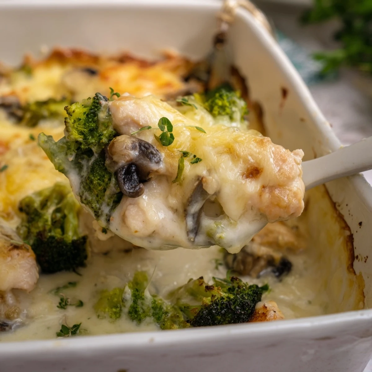Golden brown creamy low carb chicken casserole topped with melted mozzarella and fresh parsley
