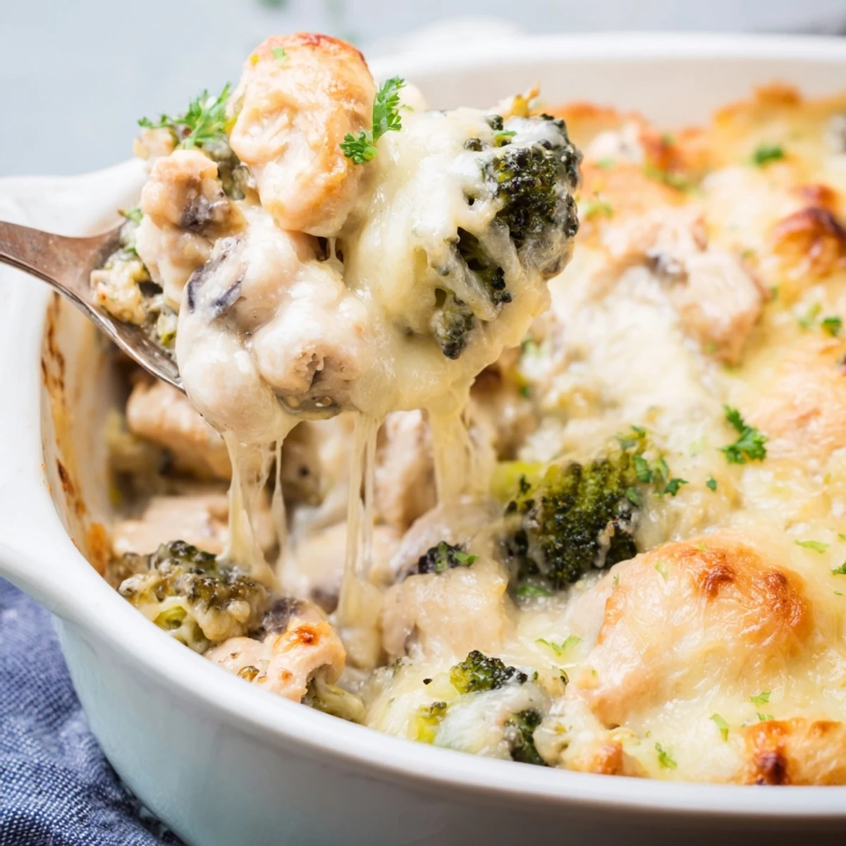 Bubbling chicken casserole with broccoli and mushrooms in a rich cheesy cream sauce