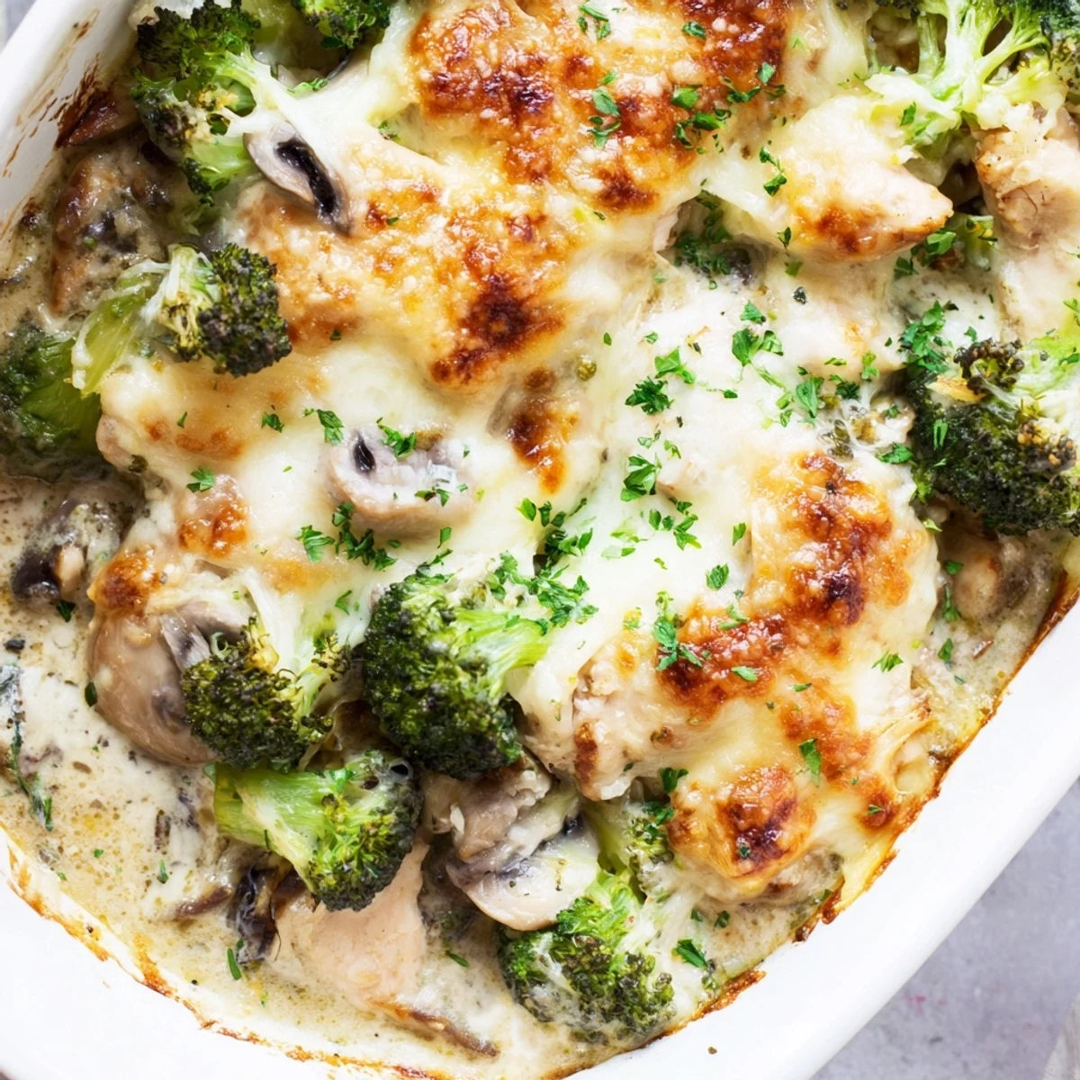 Comforting low carb chicken casserole fresh from the oven with tender vegetables and golden cheese topping
