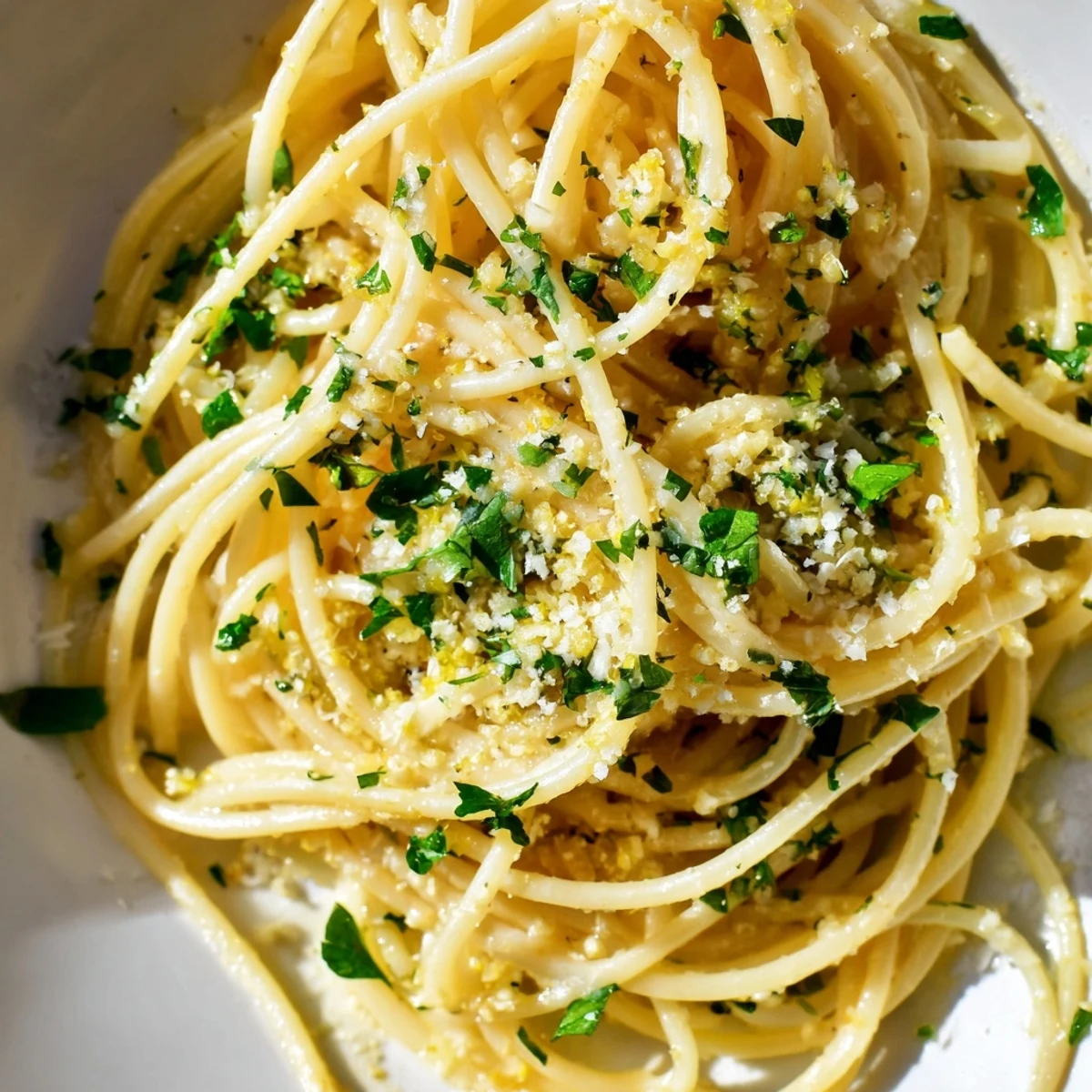 Twirled garlic butter pasta in a white bowl topped with grated cheese and herbs