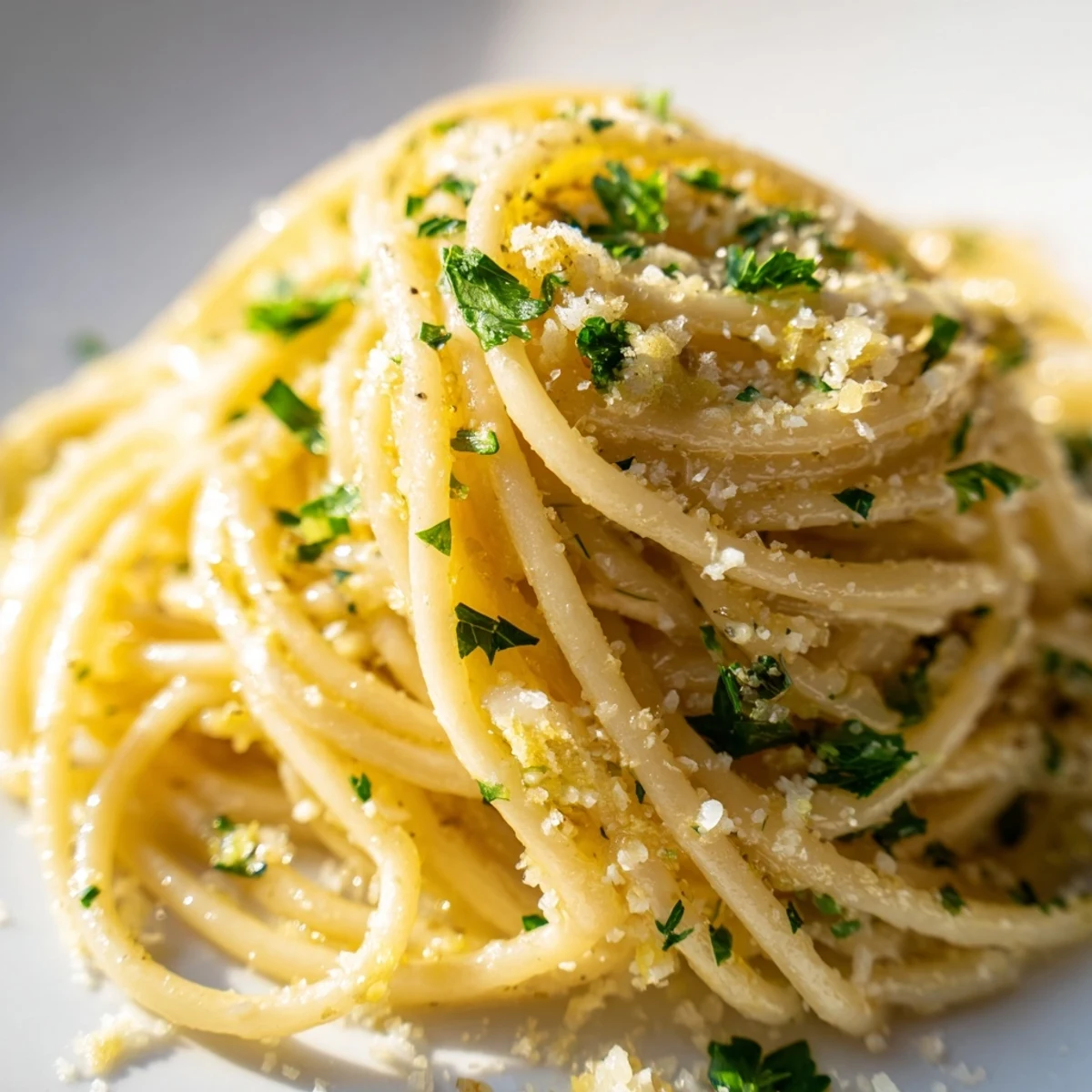 Creamy one pot garlic butter pasta coated in golden parmesan sauce and fresh parsley