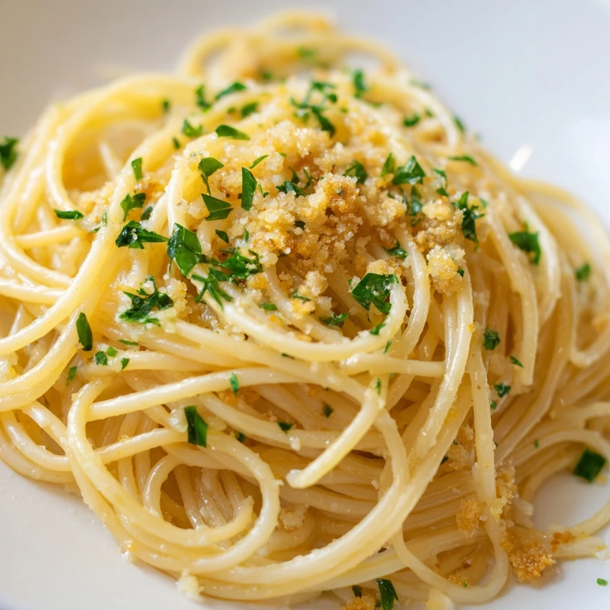 Savory one pot garlic butter pasta glistening with butter and parmesan garnish