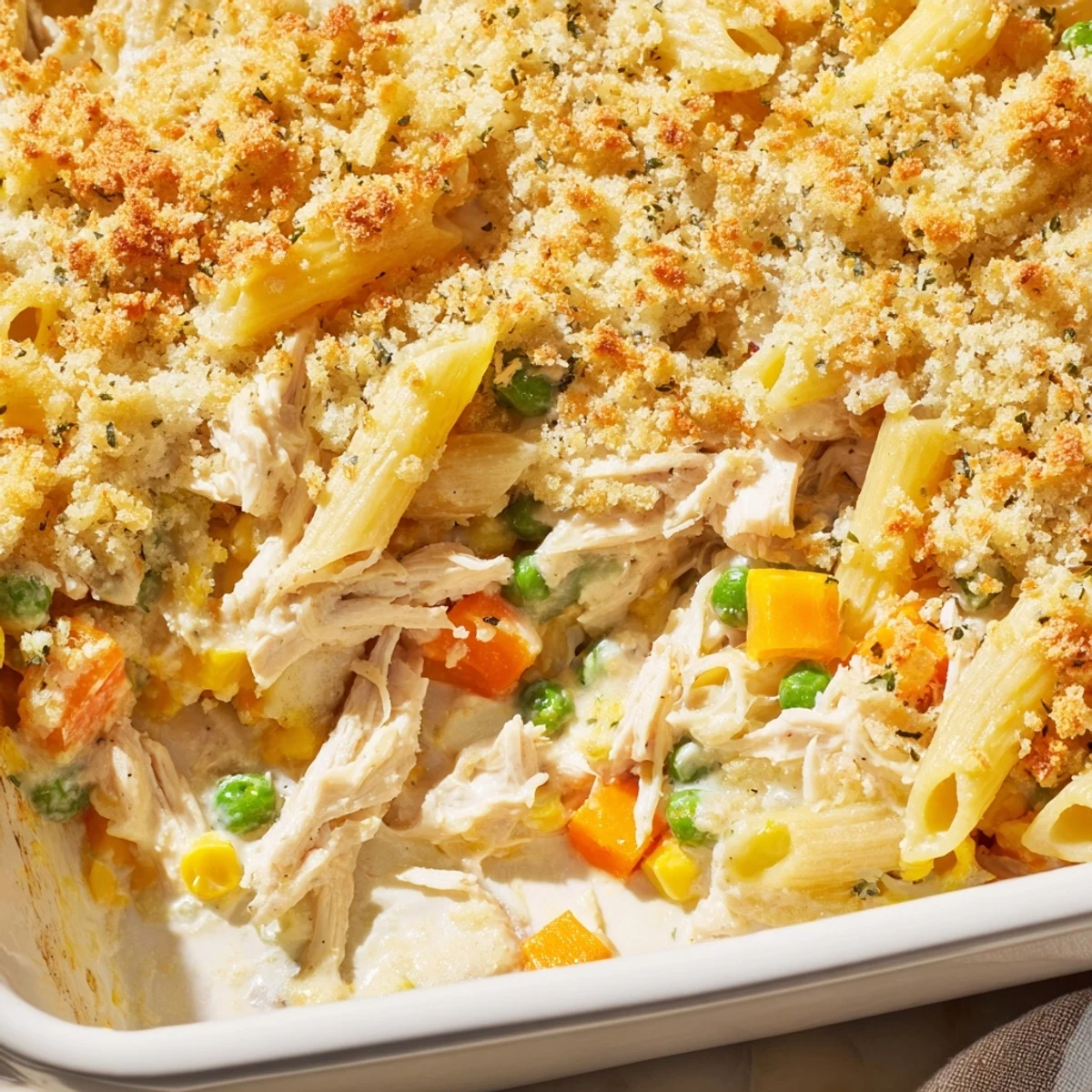 Creamy chicken pot pie pasta bake loaded with tender vegetables and melted cheese