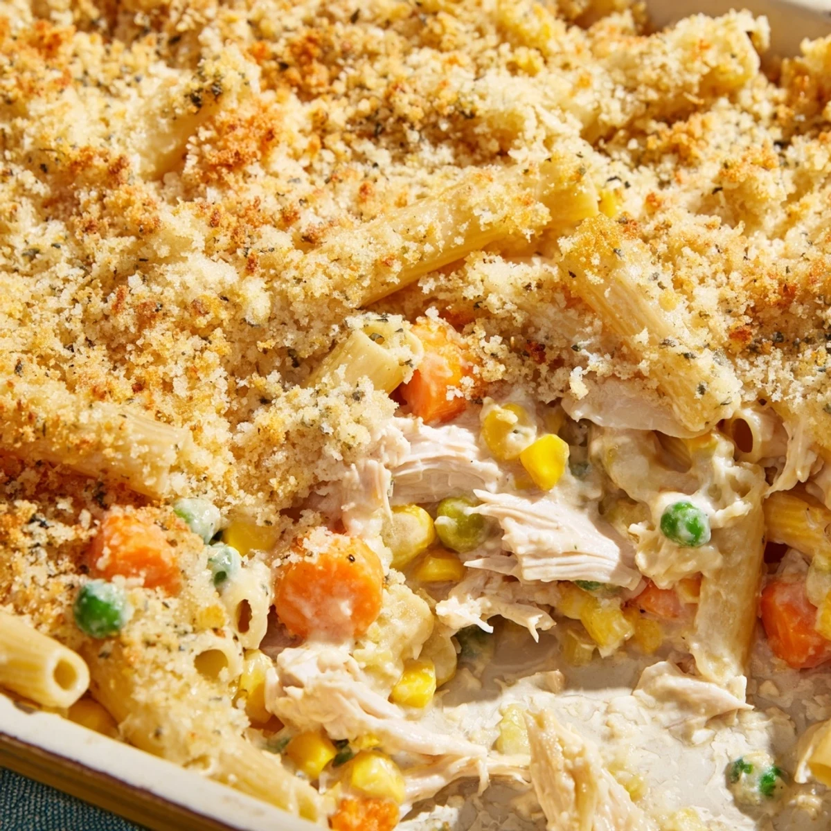 Baked chicken pot pie pasta in a white dish with golden breadcrumb crust