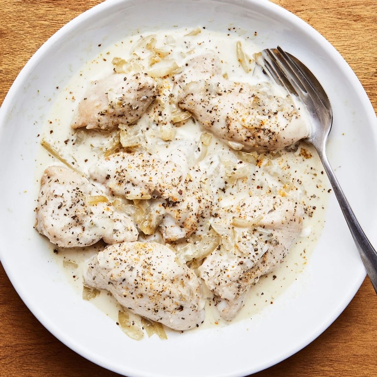 Golden brown chicken thighs swimming in a velvety rich cream gravy after slow cooking