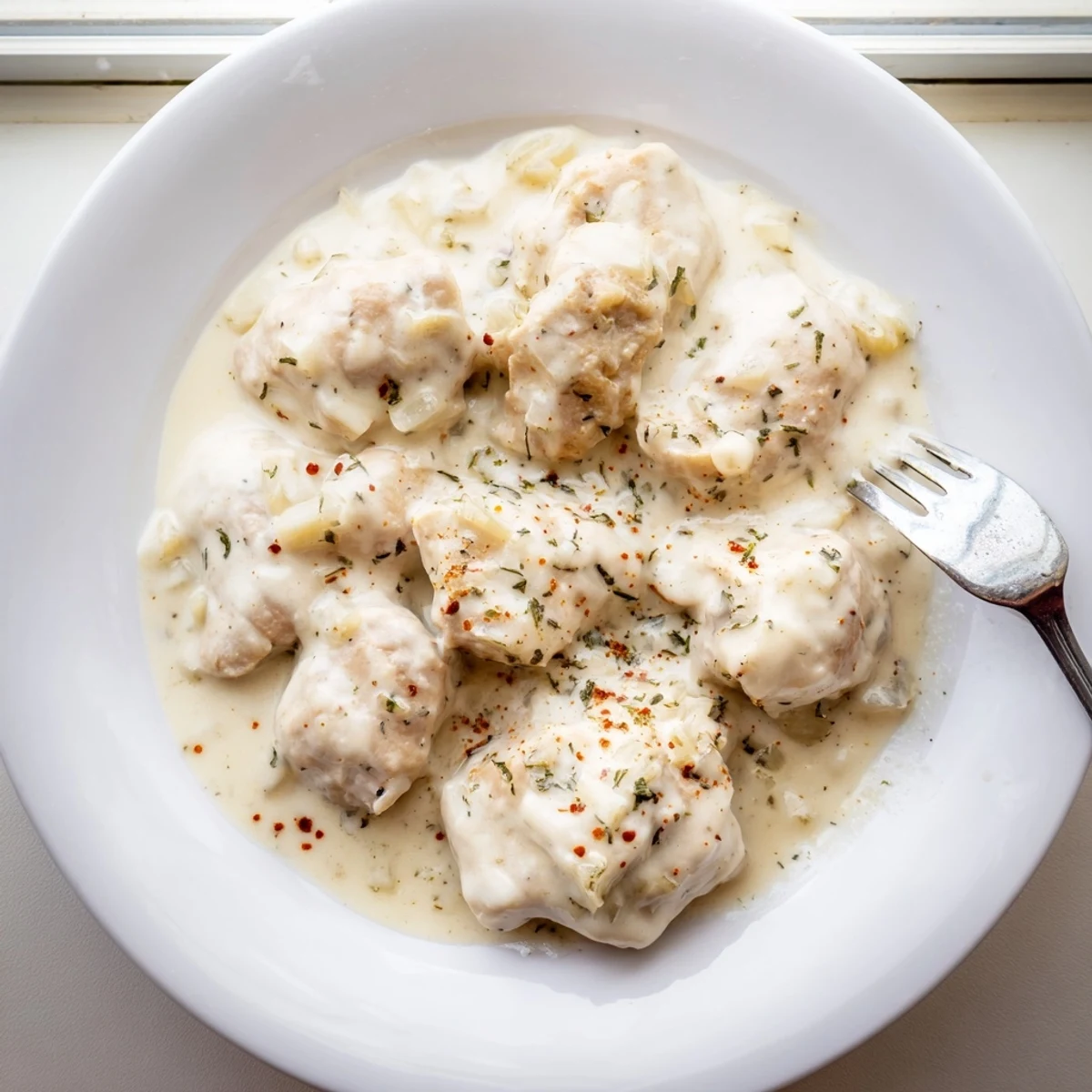 Tender easy crockpot chicken thighs creamy gravy served over fluffy mashed potatoes for dinner