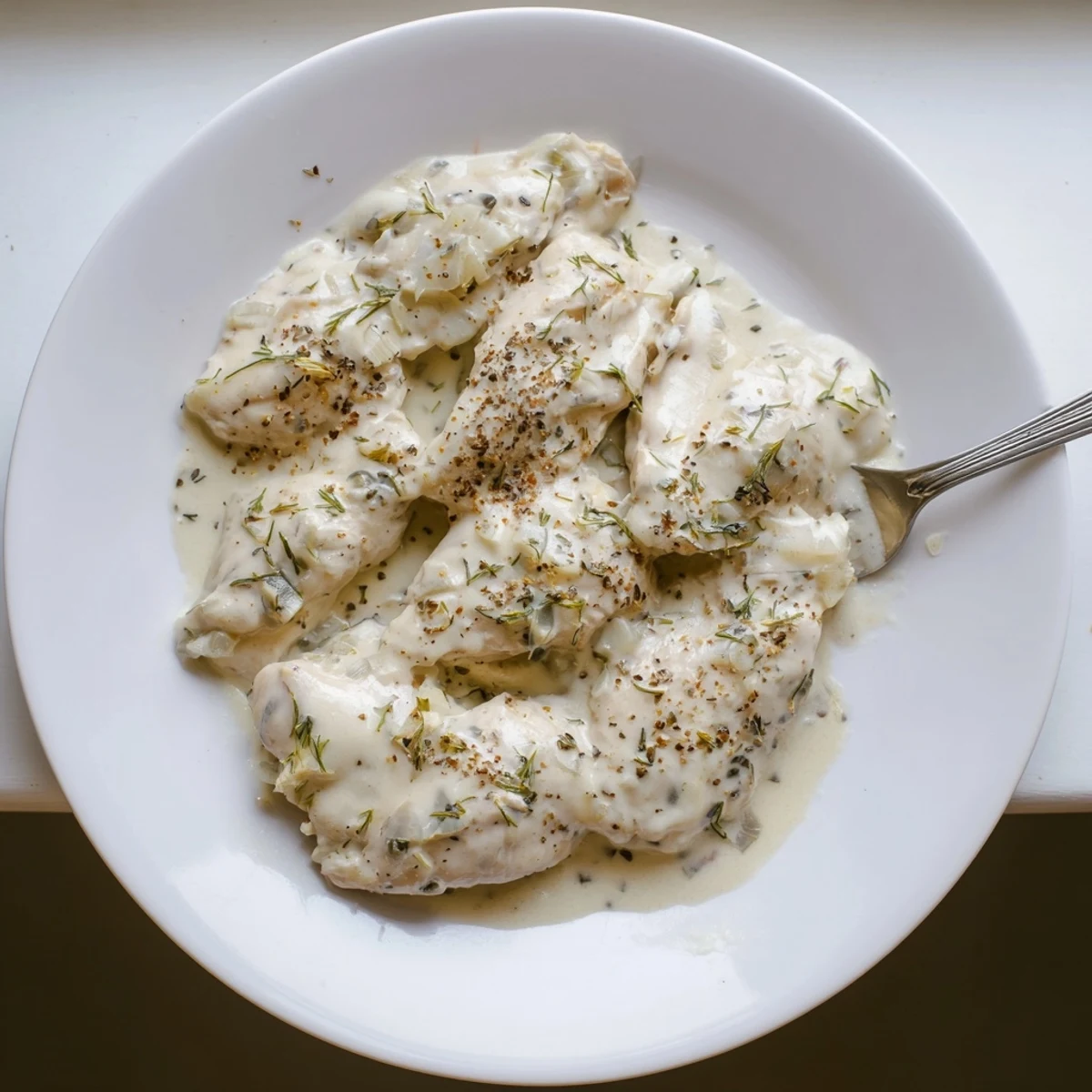 Succulent slow-cooked chicken plated with thick savory cream sauce garnished with fresh parsley sprigs