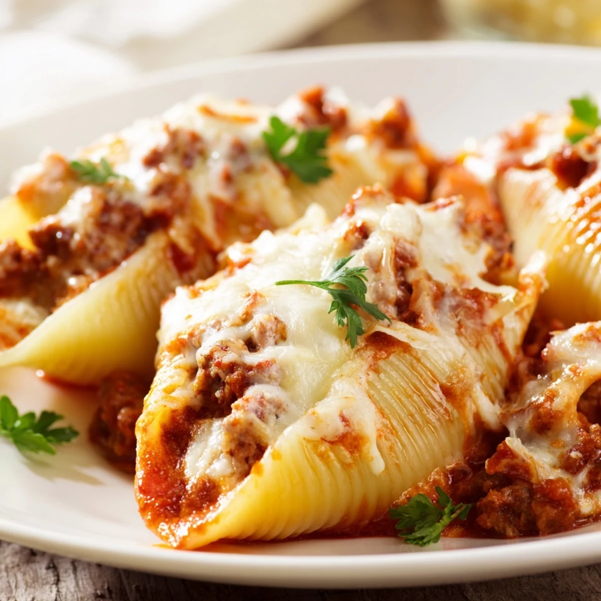 Golden cheesy creamy beef stuffed shells baked in rich tomato sauce with bubbling mozzarella topping