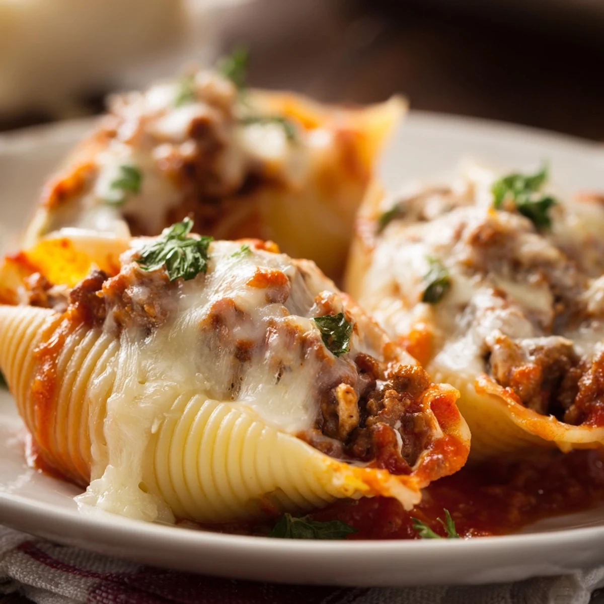 Baked Italian pasta dish featuring beef and ricotta stuffed shells with melted cheese garnish