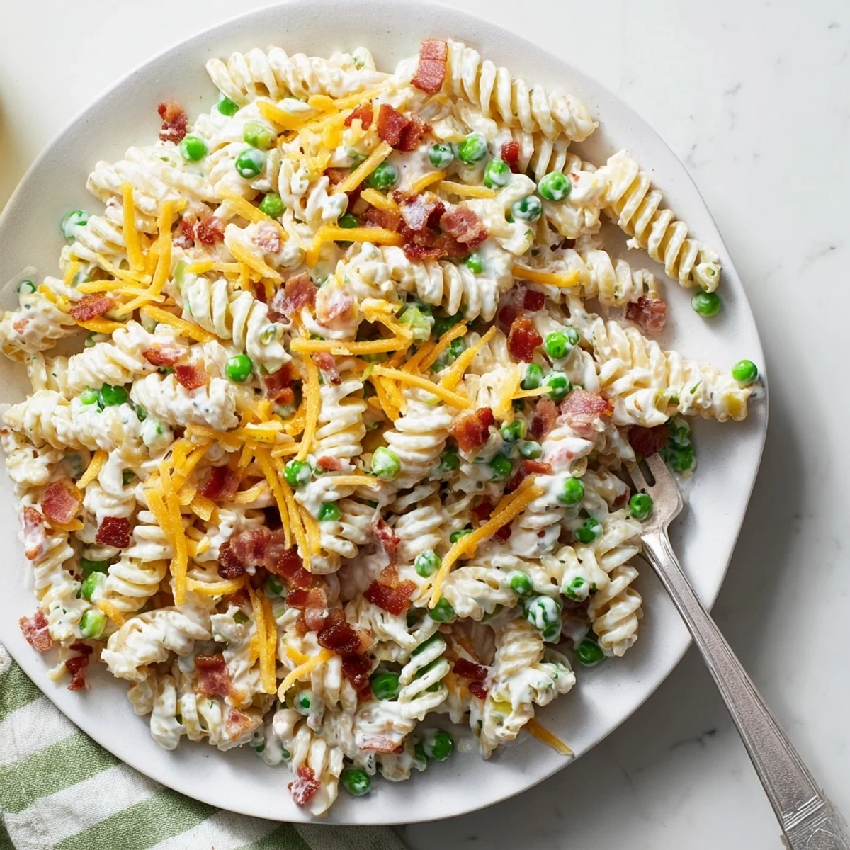 Cold pasta salad featuring rotini noodles, crumbled bacon, peas, and tangy cheese blend