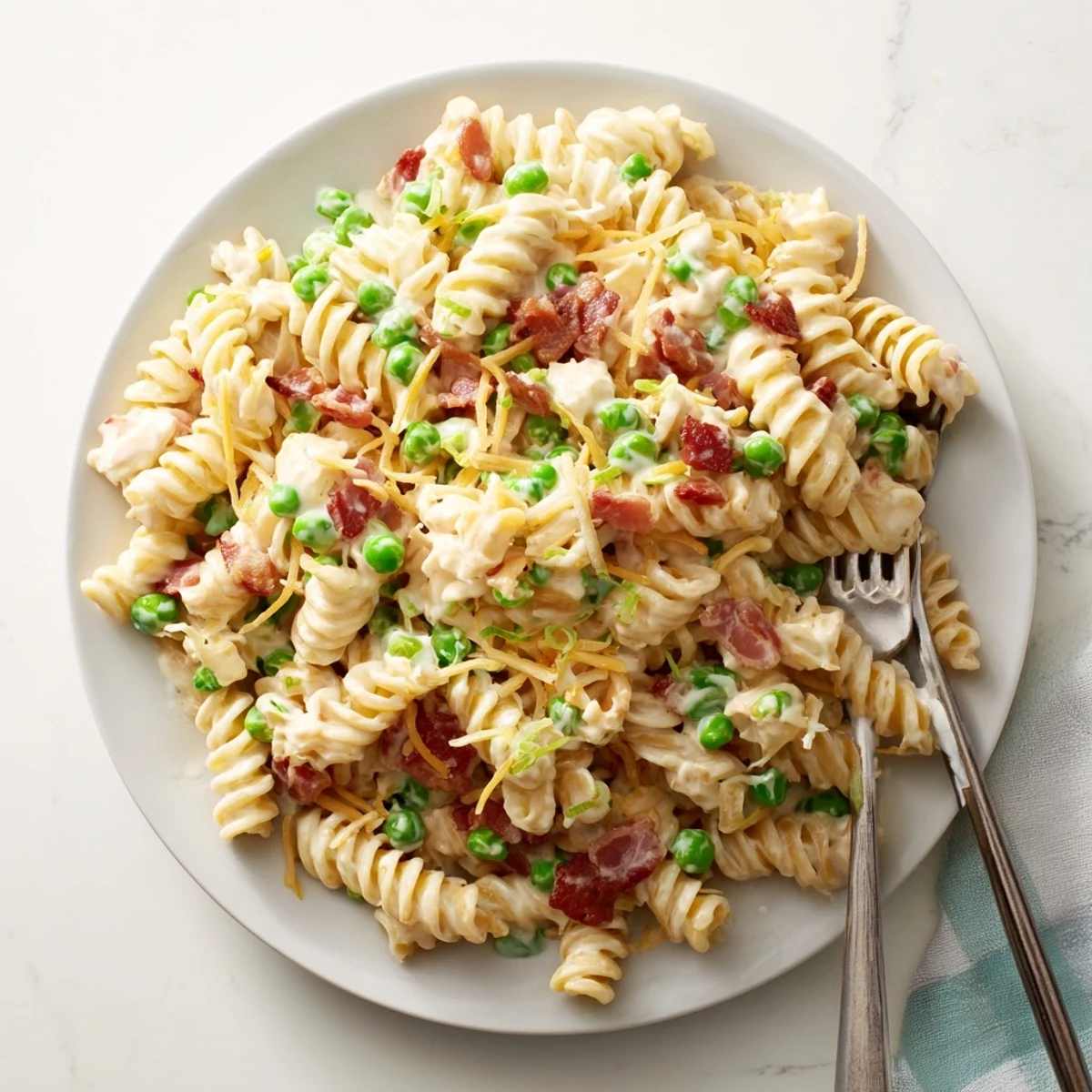 Heaping bowl of addictive crack pasta salad topped with green onions and extra bacon